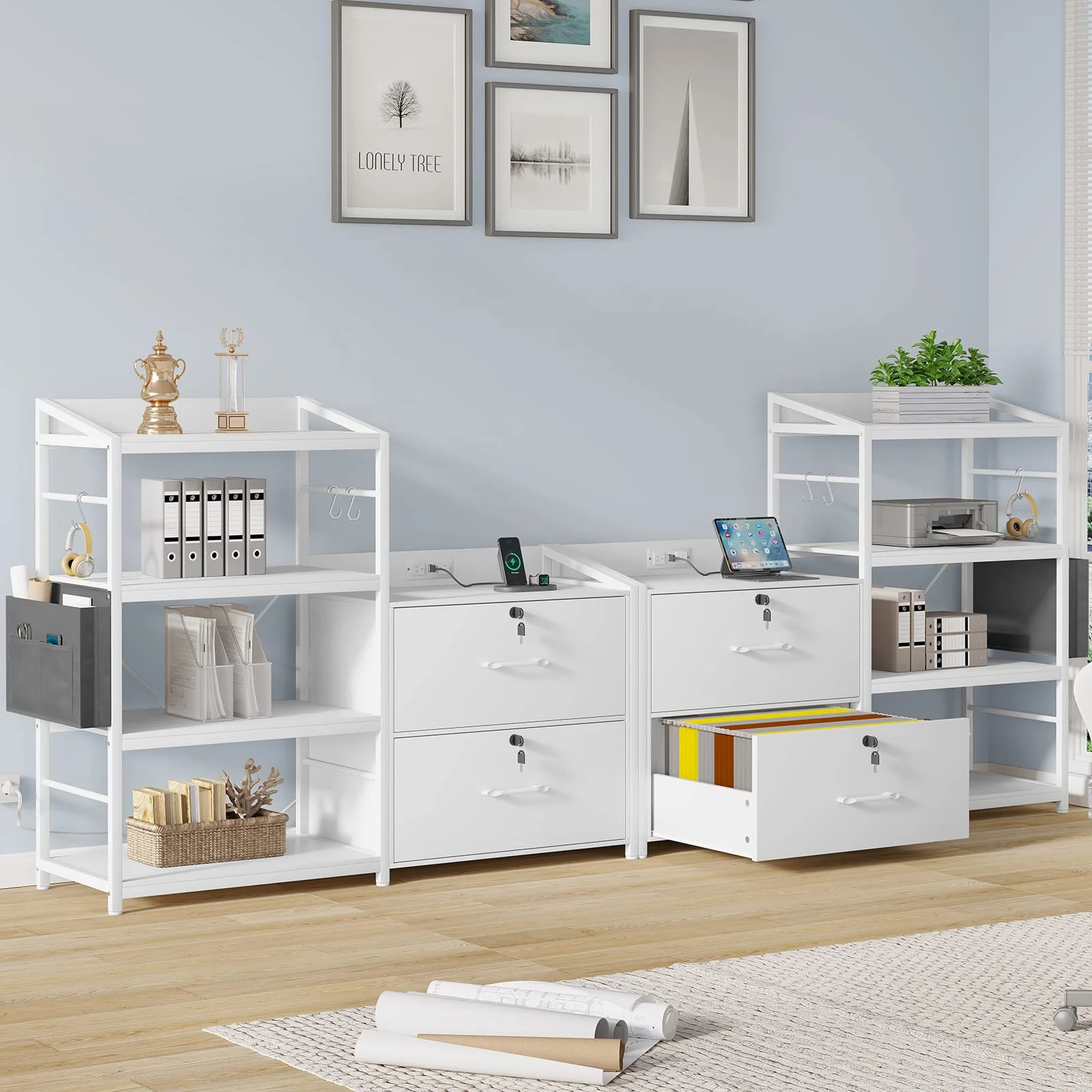 47” Filing Cabinet with Power Strip, 2 Drawer File Cabinet with Lock, White Finish