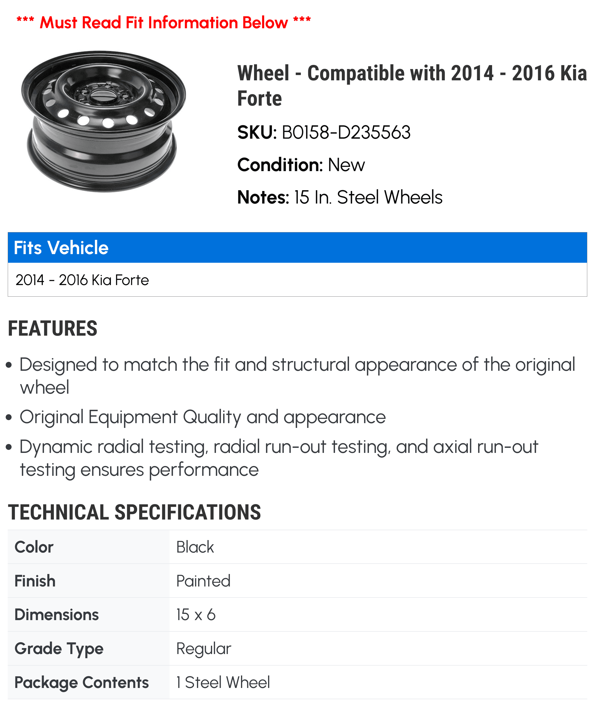 Wheel - Compatible with 2014 - 2016 Kia Forte 2015