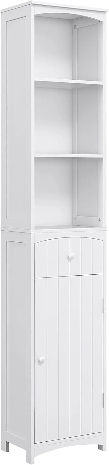 White Bathroom Storage Tower: Freestanding Cabinet with 3-Tier Shelves and Drawer