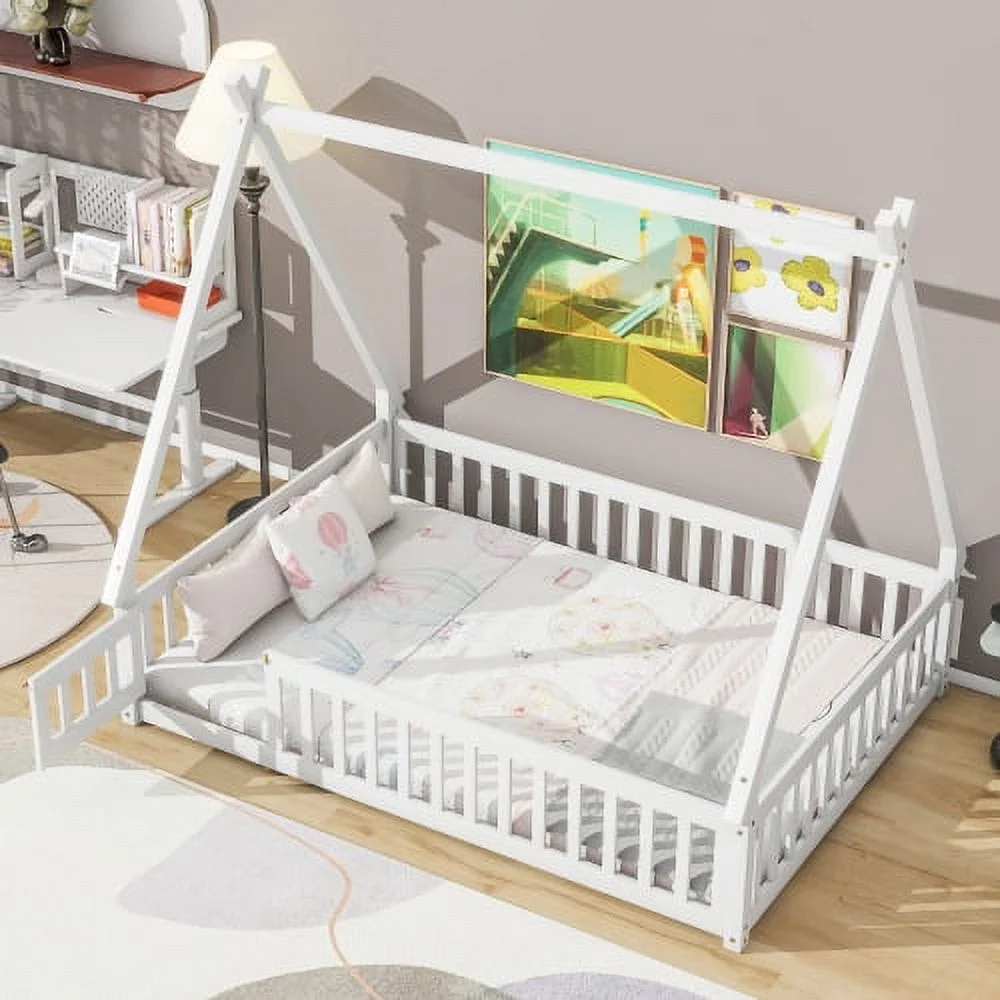 ZJbiubiuHome Twin Tent-shaped Floor Bed  with Guardrails  Slats  Door  White