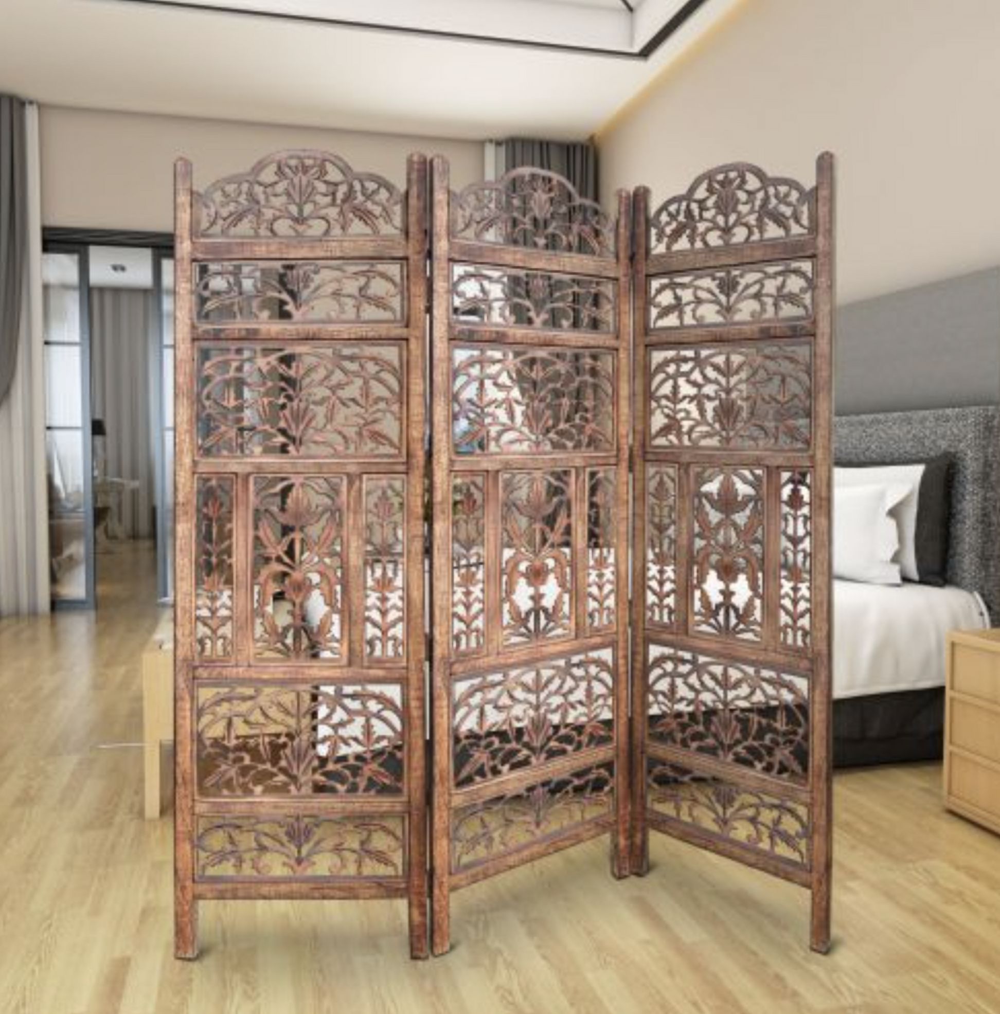 MAICOSY Handcrafted 3 Panel Mango Wood Screen with Cutout Filigree Carvings - Brown