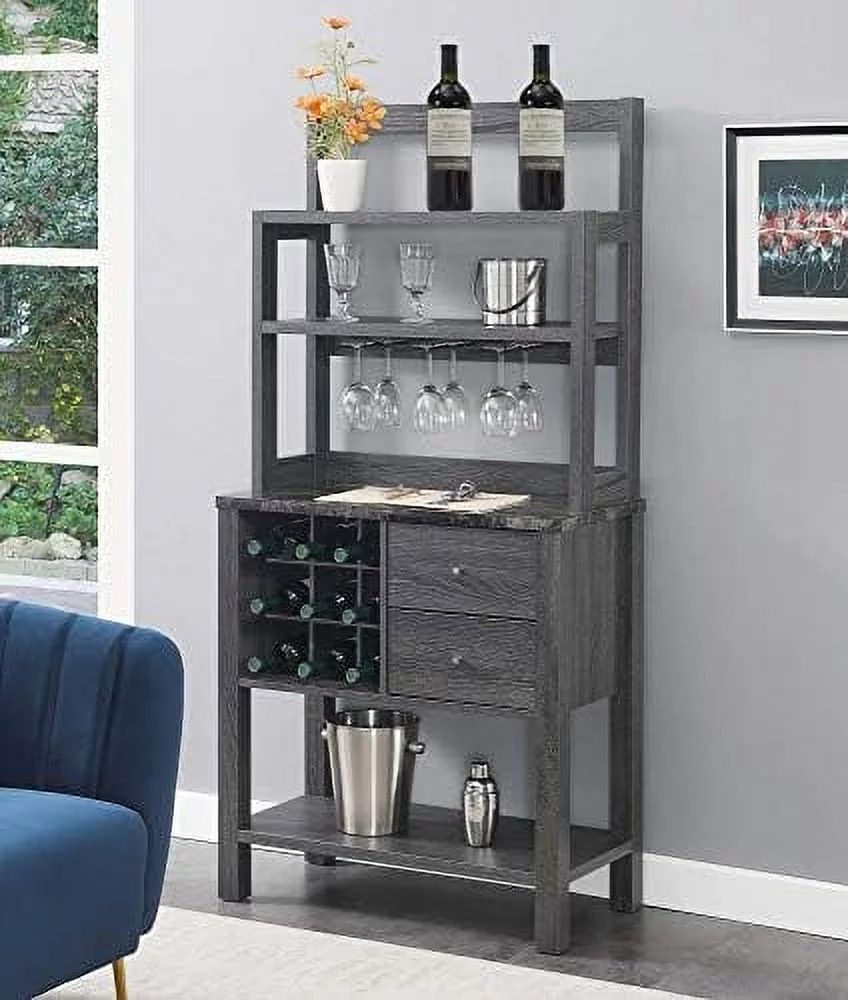 2 Drawer Serving Bar With Wine Rack And Shelves, Black Faux Marble/Wead Gy