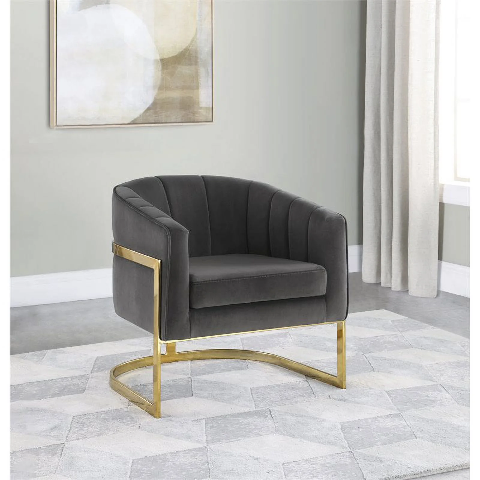Pemberly Row Modern Channeled Tufted Barrel Accent Chair in Dark Gray and Gold