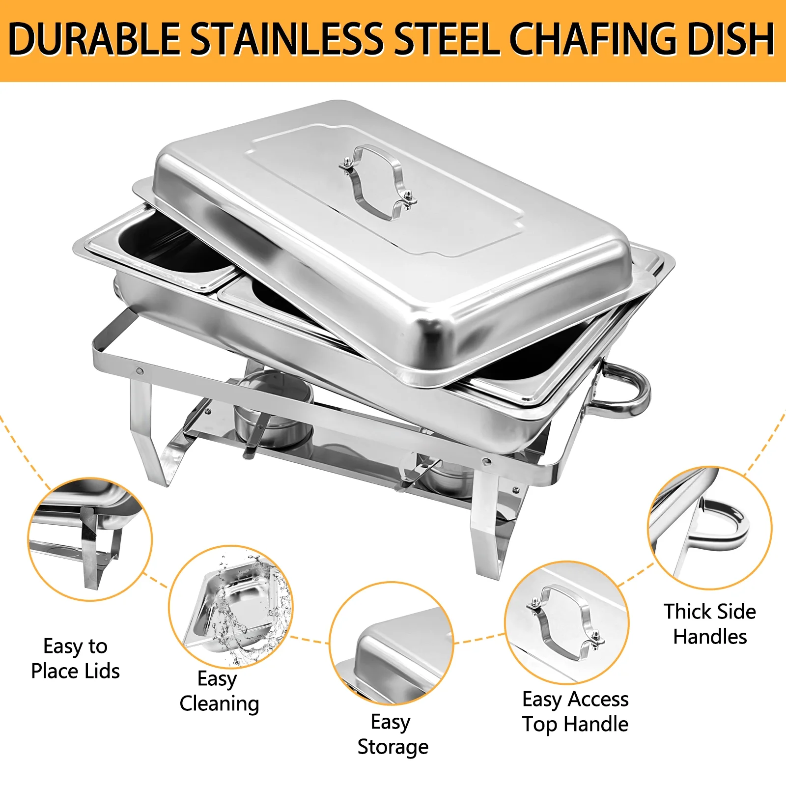 Jacgood Chafing Dish Buffet Chafer Set 4 Packs 8 Qt. Foldable Rectangular Stainless Steel Chafer Set with 1/3 Size Food Pans