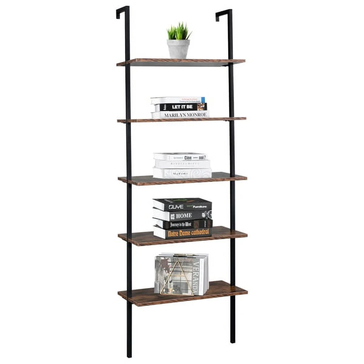 Bornmio Industrial Wall Mounted Bookcase 5-Tier Open Ladder Shelf Bookshelf with Metal Frame, 23.6