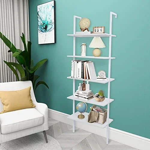 NLTBONNIE 5-Tier Open Wall-Mounted Bookshelf with Metal Frame - Industrial Modern Ladder  - Floating Bookcase Organizer - Hanging  Rack Shelves for Home and Office - White