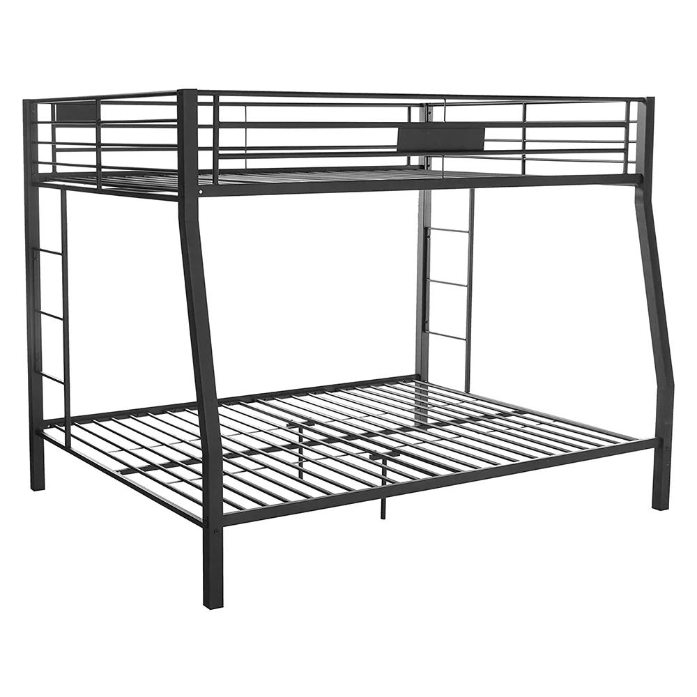 Full over Queen Bunk bed with Ladder and Guardrail in Sandy Black, Metal Frame, Space-Saving Design