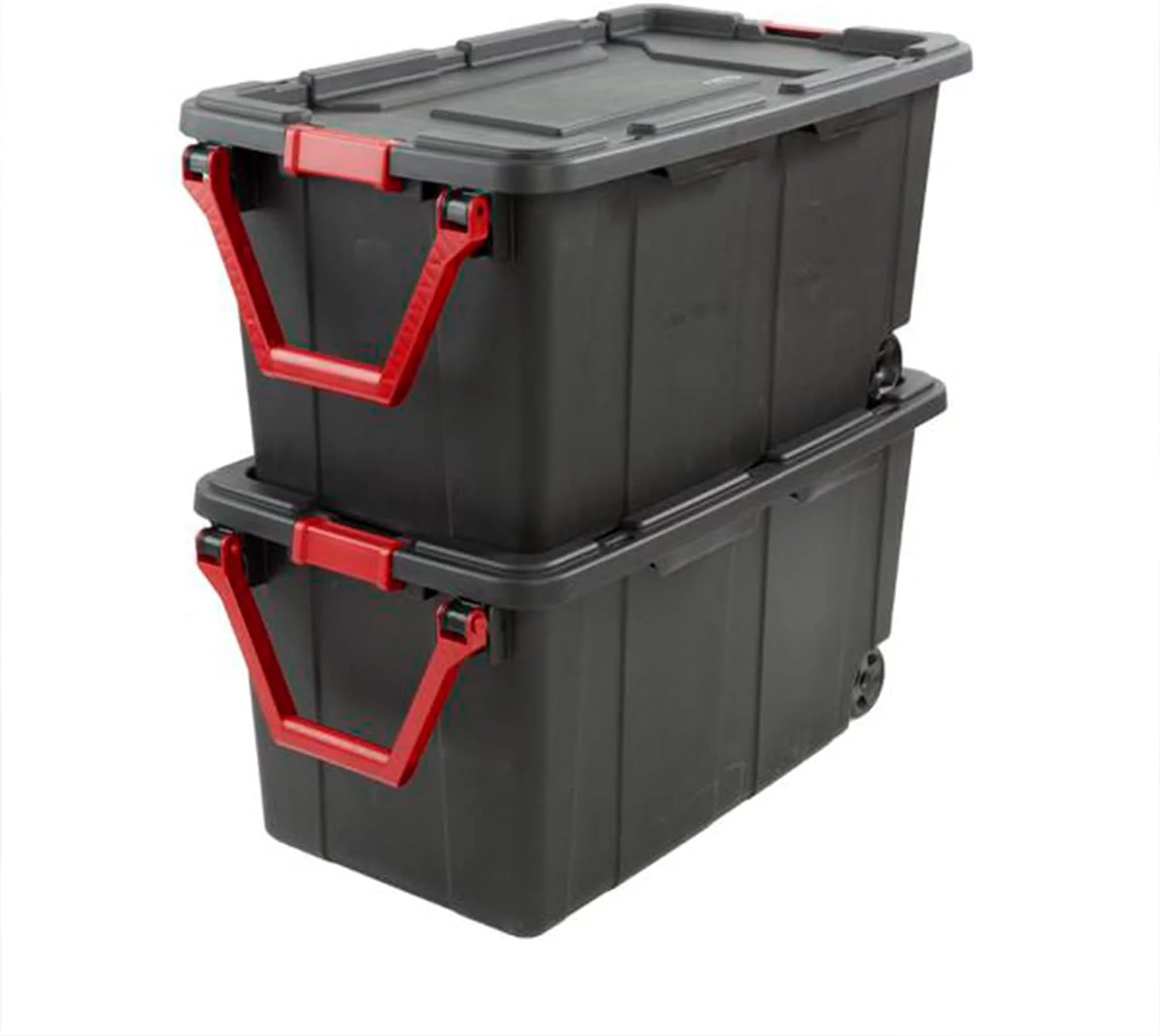 40 Gal Wheeled Industrial Tote, Stackable Storage Bin With Lid, Plastic Container With Heavy Duty es, Black Base And Lid, 4-Pack