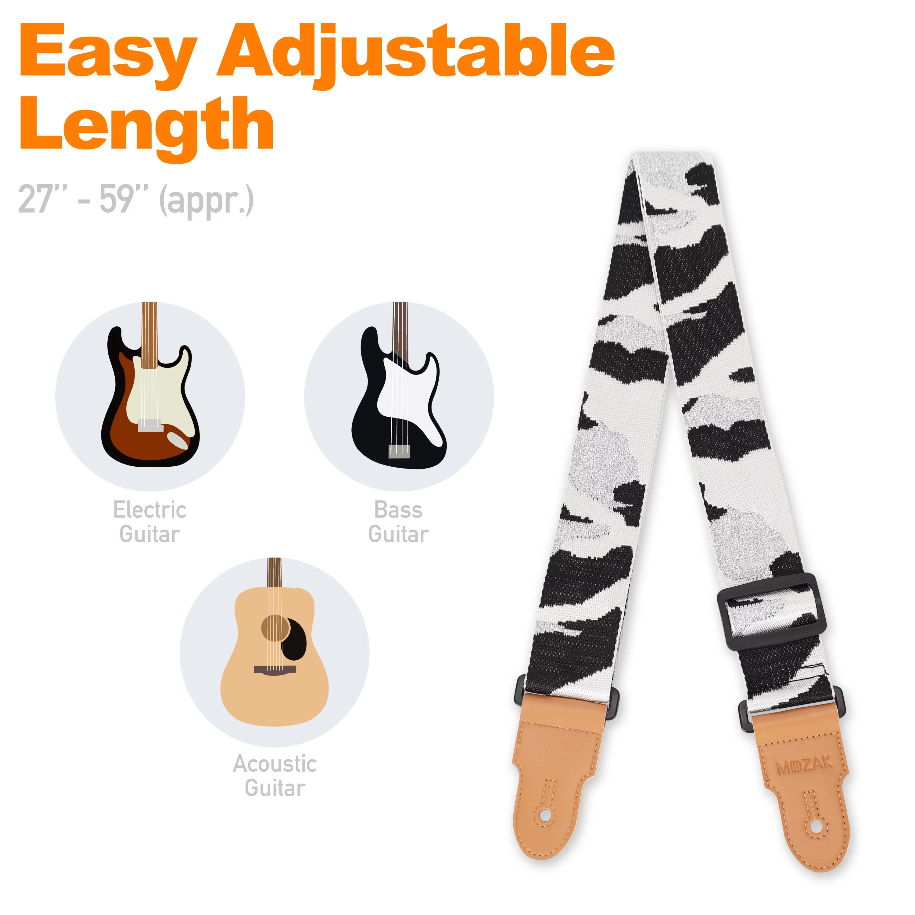 MOOZAK Guitar Strap Set Including 2 Strap Locks, 3 Picks and 1 Strap Headstock Tie (Black White)
