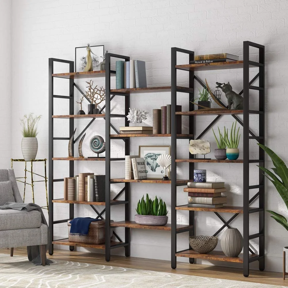 Tribesigns Industrial Large 5-Tier Bookshelves for Display and Storage, Modern Triple Wide 14 Shelves Etagere Bookcase with Metal Frame & Vintage Wood, Vintage Browm