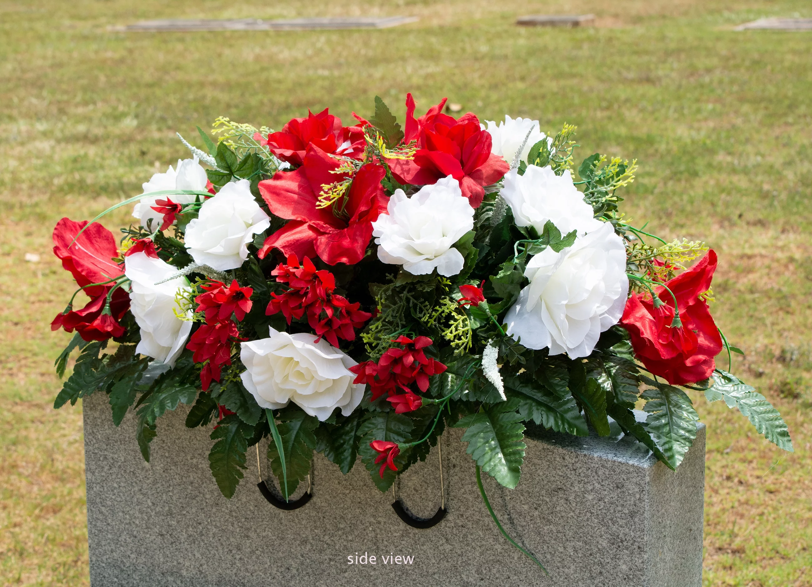 Sympathy Silks Artificial Cemetery Flowers Red Amaryllis White Roses 1 Bouquet & 1 Saddle