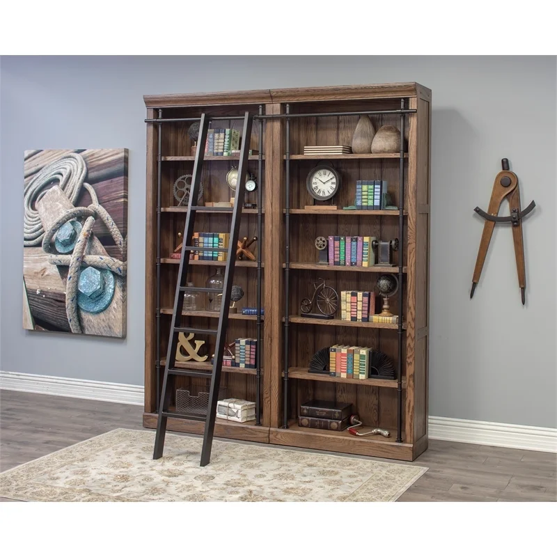 Bowery Hill 2 pc 5-Adjustable Shelf Tall Modern Wood Bookcase in Oak