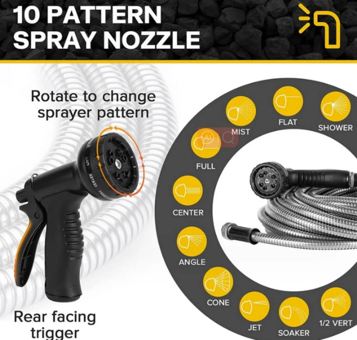 Metal Garden Hoses 50ft, 304 Stainless Steel Water Hose  Car Wash Nozzlesand 10-Function Nozzle, 3/4'' Fittings, No Tangle & Kink for Outdoor