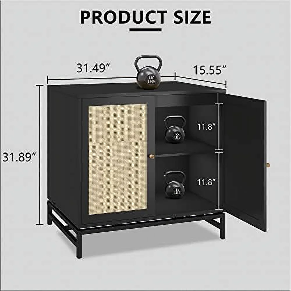 GEROBOOM Black Sideboard Buffet Cabinet with   Rattan Cabinet Accent Cabinet with 2 Doors Kitchen  Cabinet Console Table with Adjustable Shelves Entryway Cabinet for Dining Room Living Ro