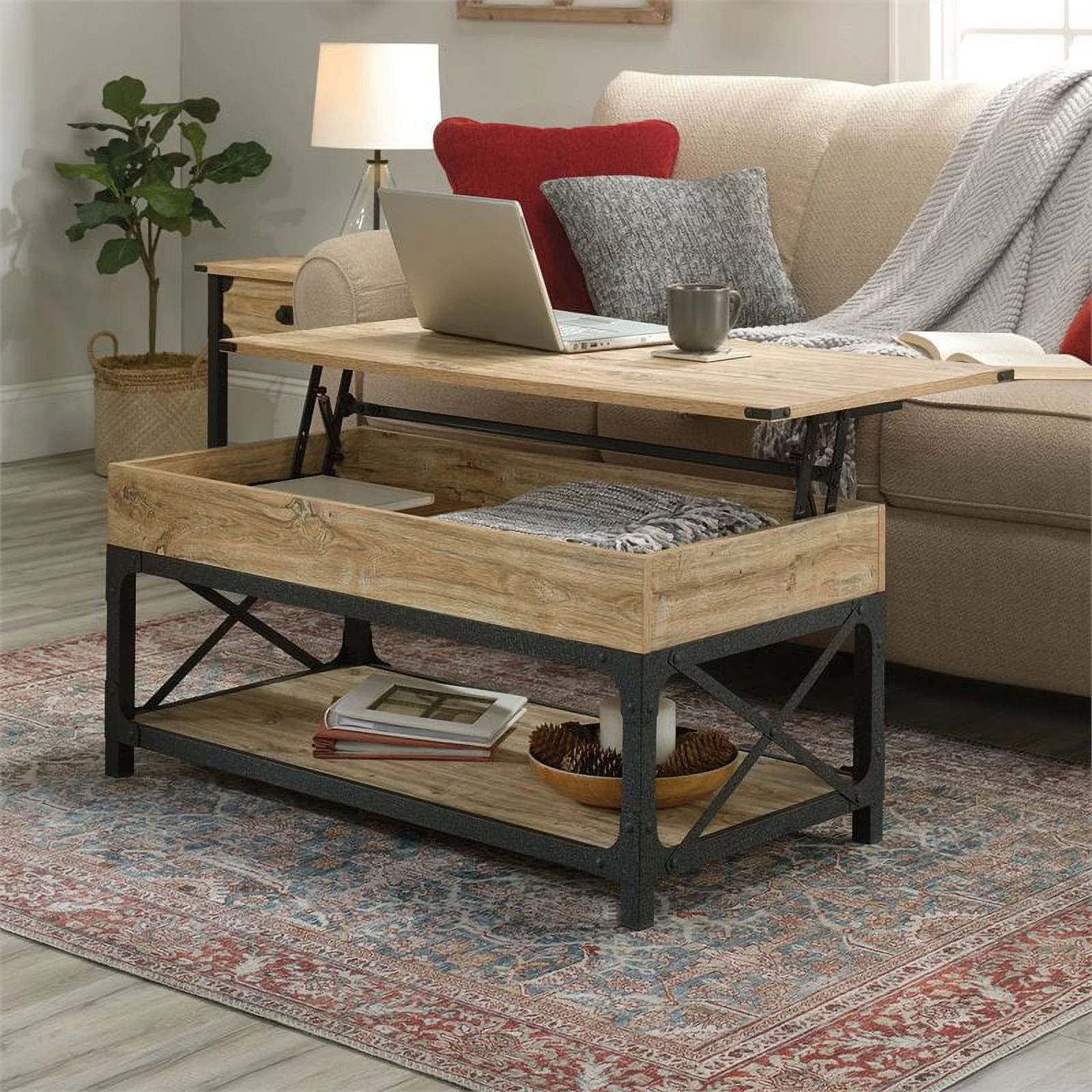 Pemberly Row Wood and Metal Lift-Top Coffee Table in Milled Mesquite