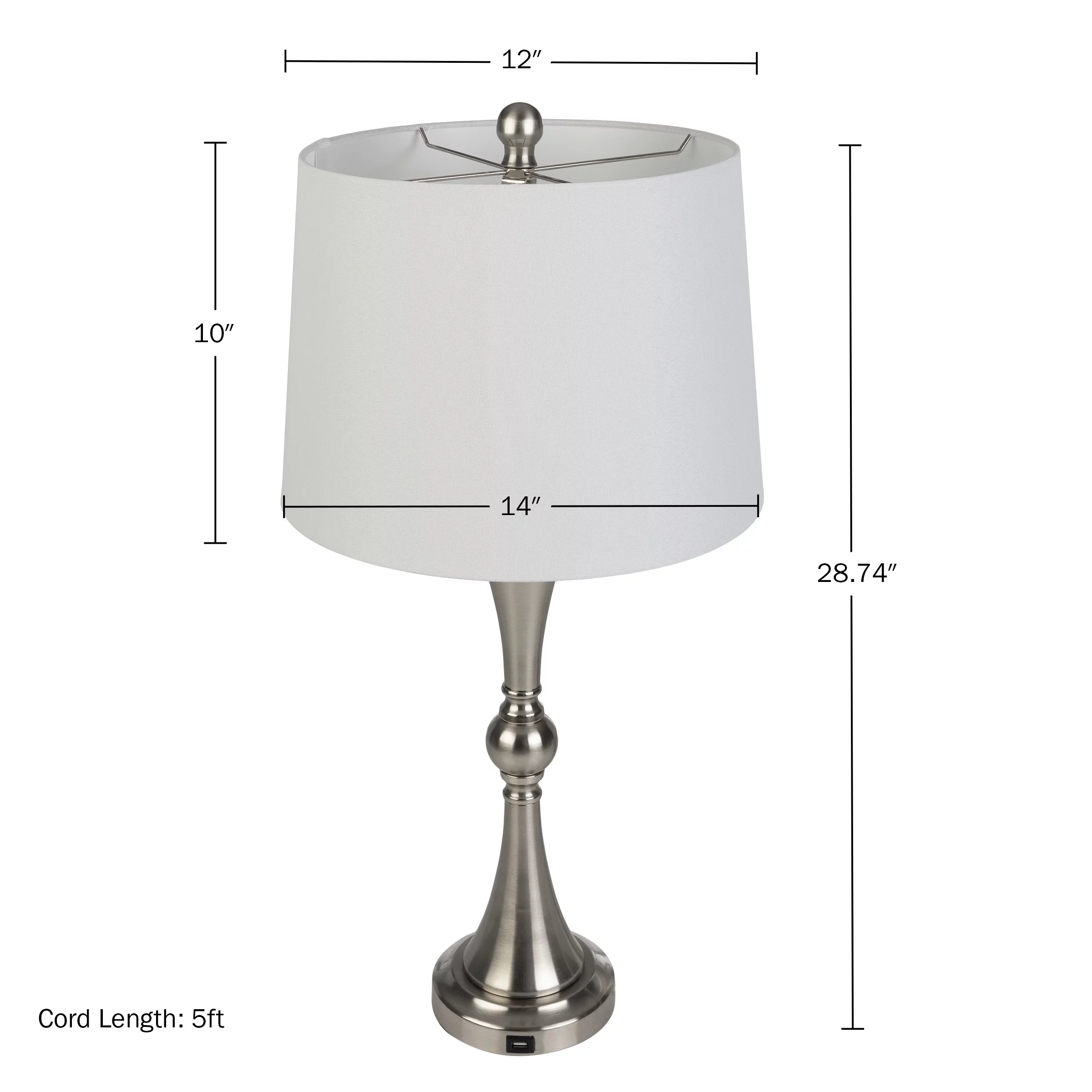 Lavish Home Set of 2 Table Lamps with USB Charging Ports (Brushed Silver)
