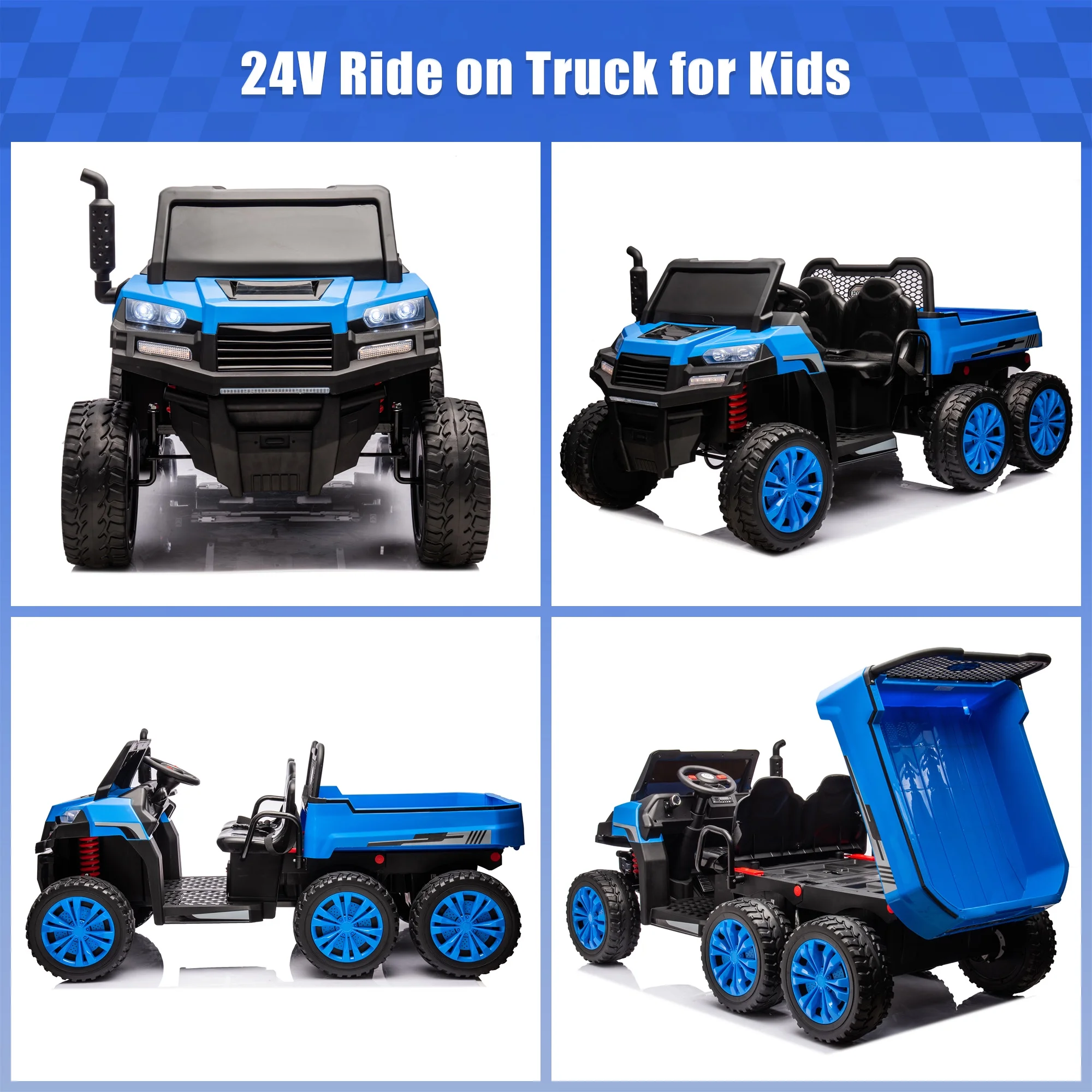 24V Ride on Truck 2 Seater Kids Ride on Car for Boys and Girls Ride on Toy with Remote Control, Bluetooth, Electric Vehicle, Age 3-8 Years Old, Blue