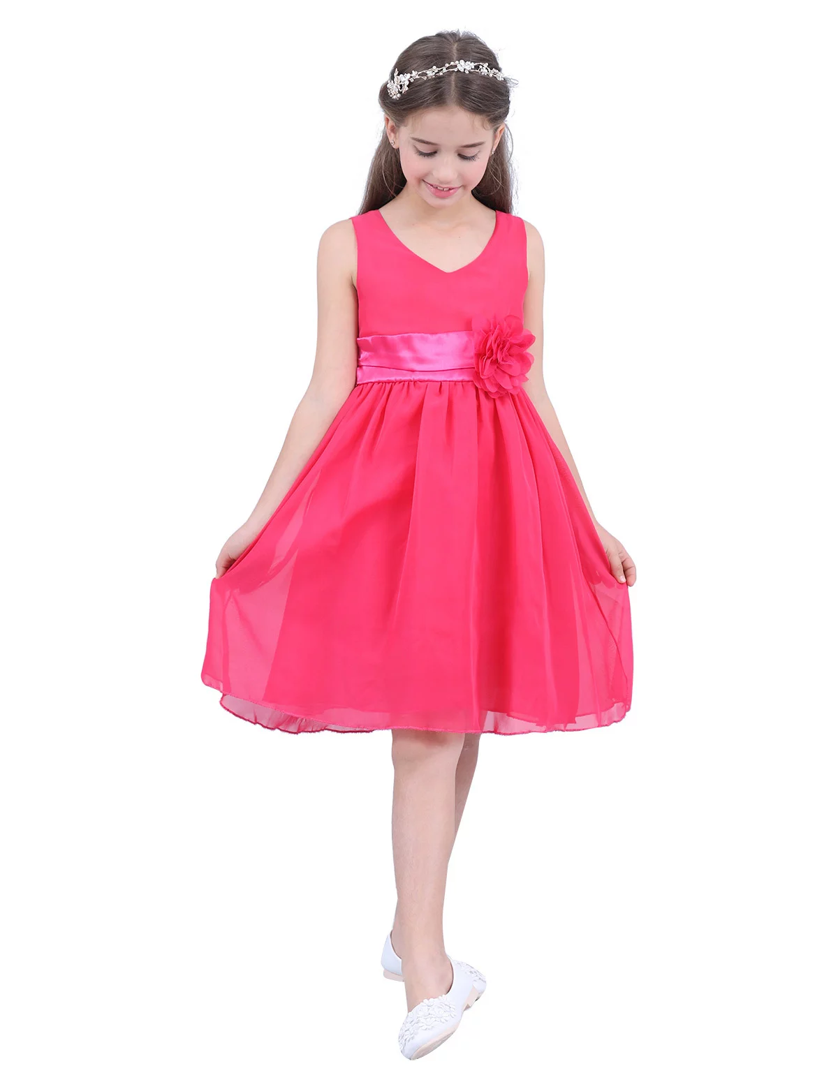 Miaeowve Kids Chiffon Wedding Bridesmaid Flower Girl Dress Summer Birthday Party Sleeveless V Neck Ball Gown Rose 6