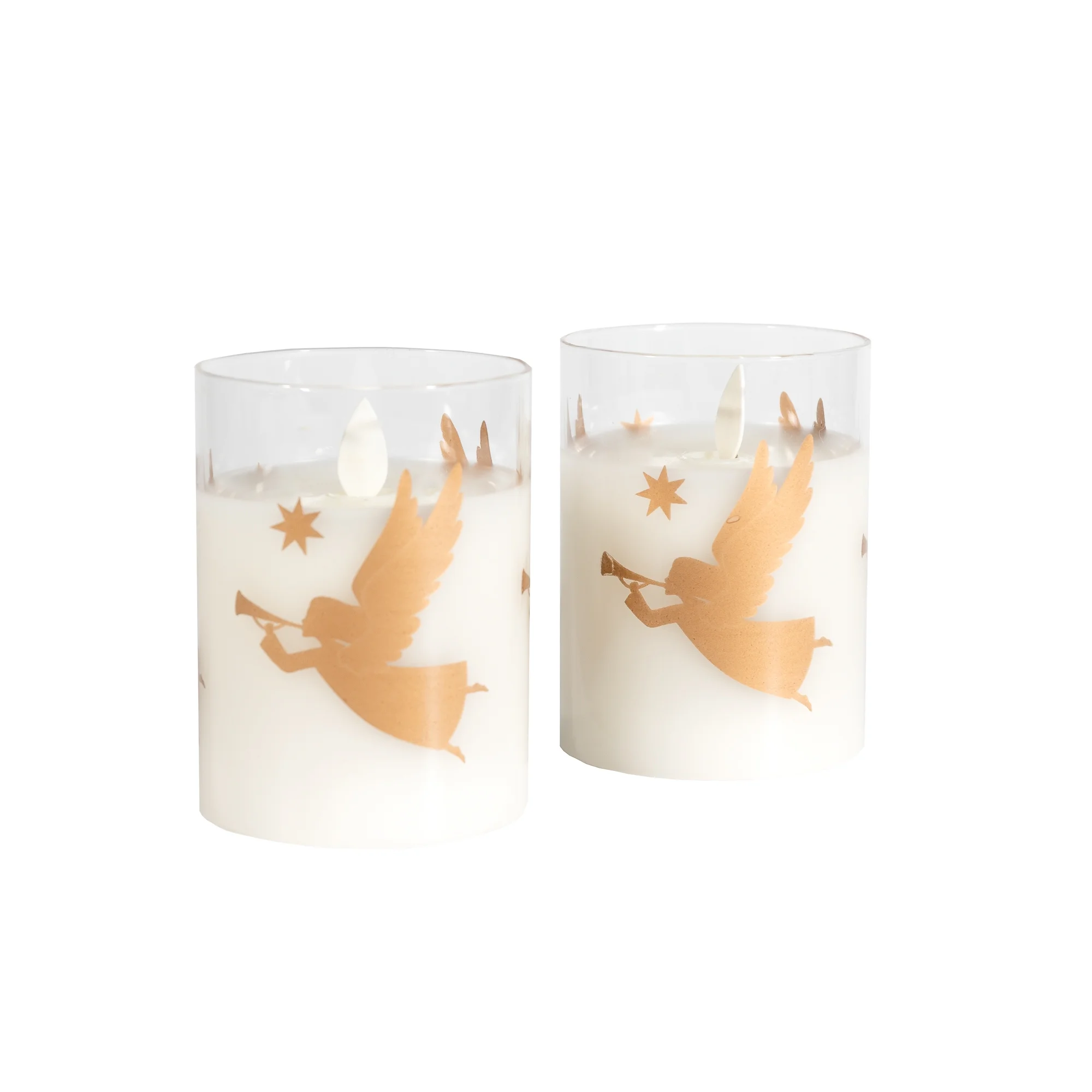 LumaBase Battery Operated Glass LED Candles with Moving Flame, Gold Angels - Set of 2