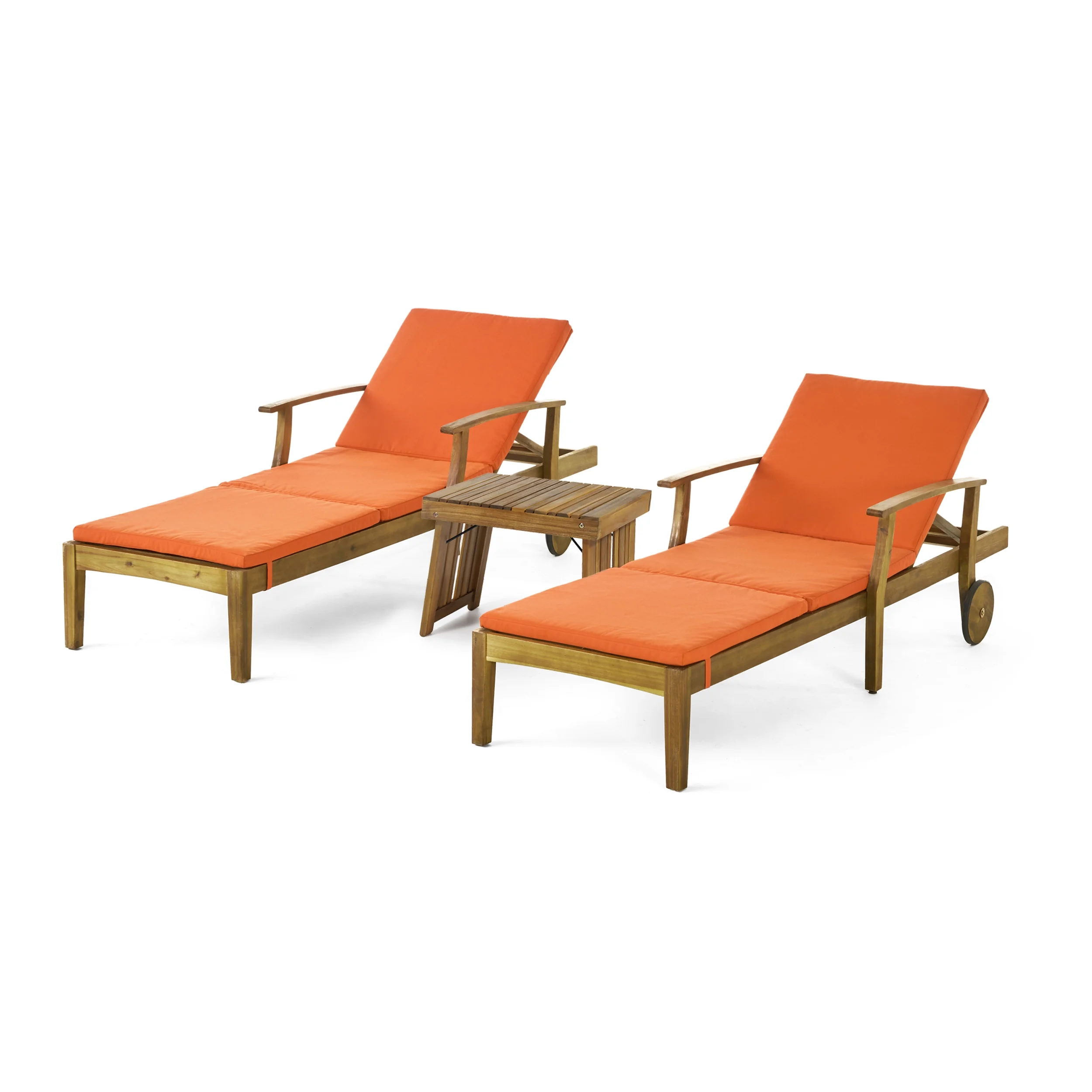 Noble House Perla Outdoor Wood 3-Pc Chaise Lounge Set with Cushion Teak/Orange