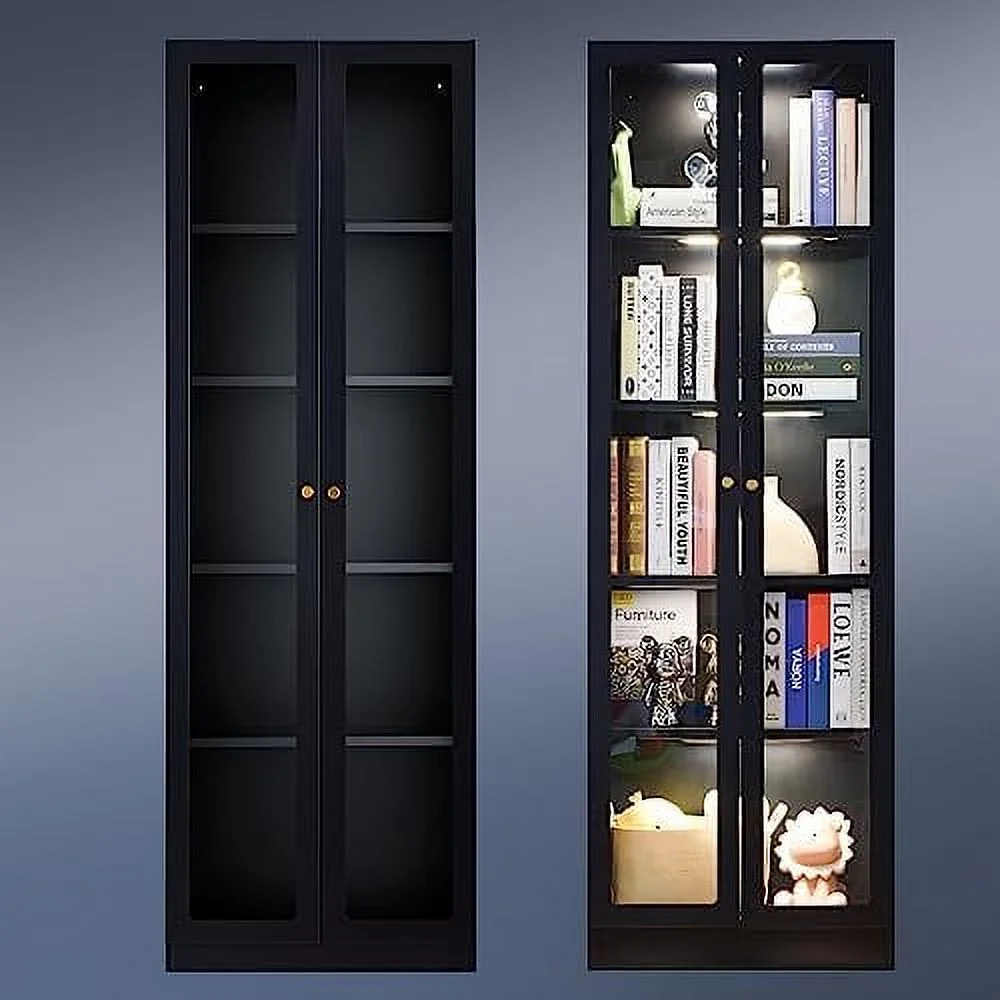 GVJMTKP Metal  Cabinet with 2 Plexi-Glass & 4 Adjustable Shelves  72" Tall Mid Century Curio Display Cabinet Bookcase  Modern Floor Utility Locker Cabinet for Office  Living Room