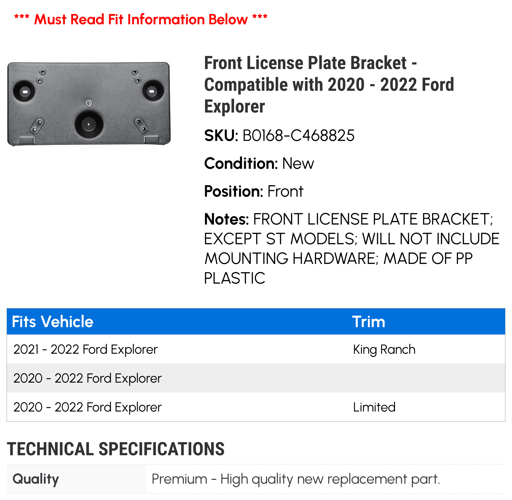 Front License Plate Bracket - Compatible with 2020 - 2022 Ford Explorer 2021