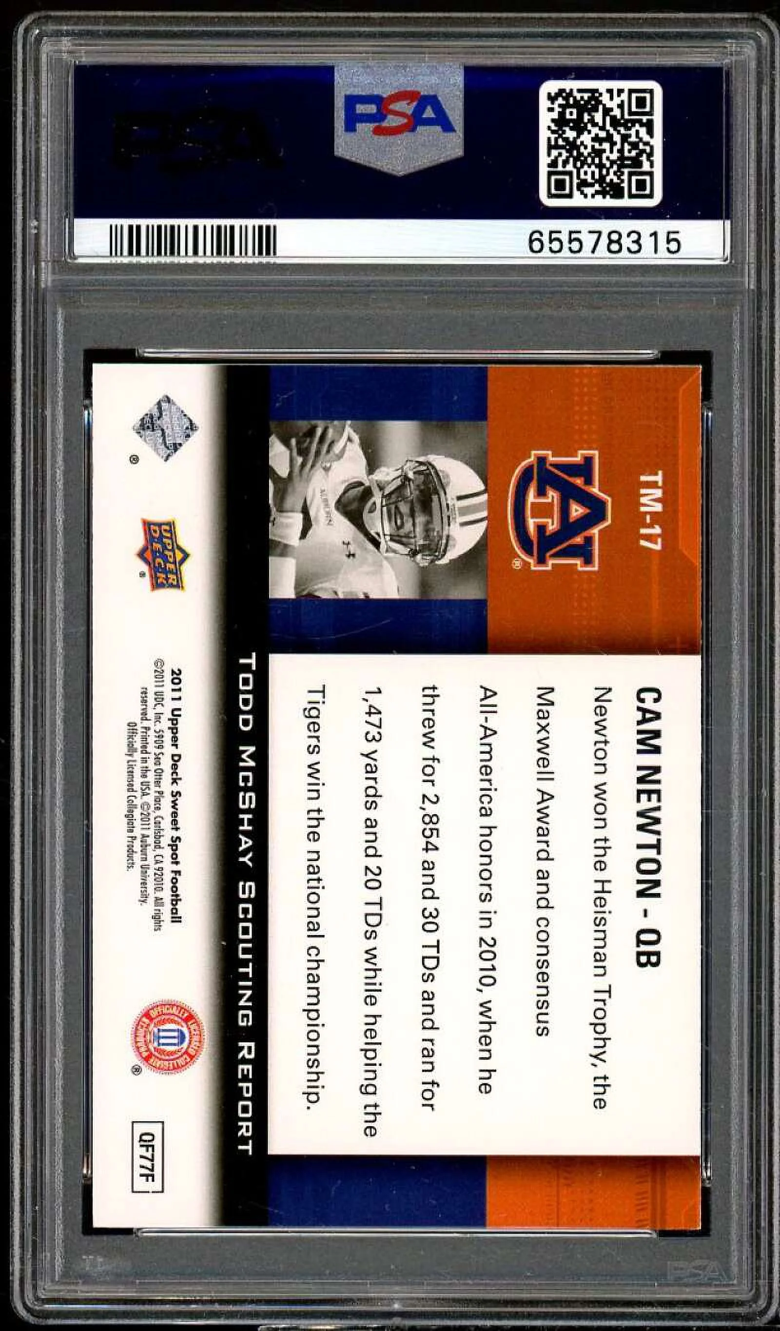 Cam Newton Rookie Card 2011 UD Sweet Spot McShay Scouting Report #TM-17 PSA 10