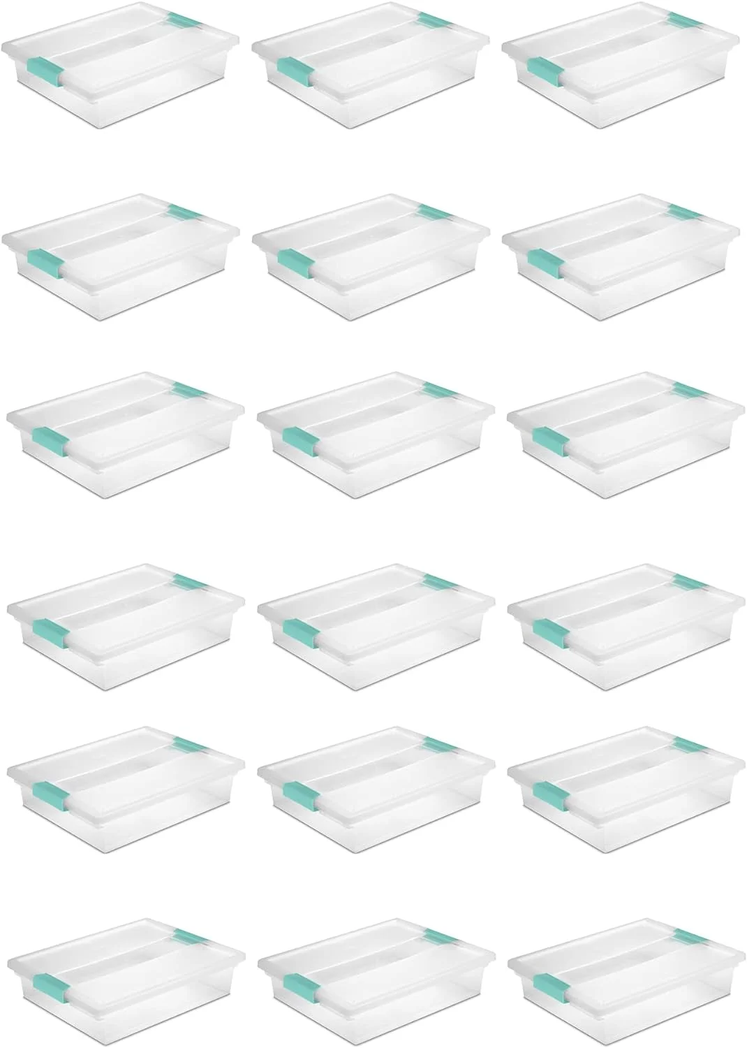 Large Clip Box, Stackable Small Storage Bin with Latching Lid, Plastic Container to Organize Paper, Office, Clear Base and Lid, 18-Pack