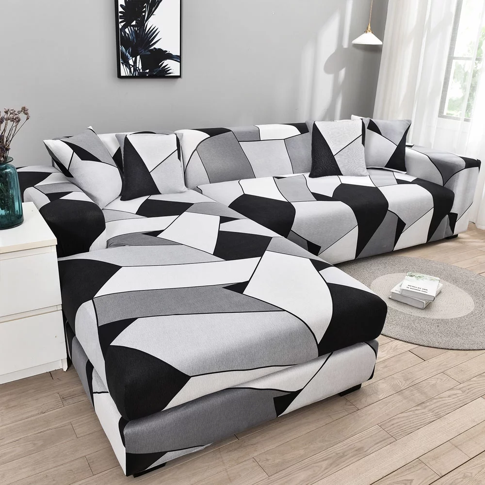 Sofa Covers for L Shape, 2pcs Polyester Fabric Stretch Slipcovers + 2pcs Pillow Covers for Sectional sofa L-shape Couch - White&Grey