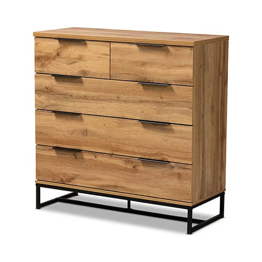Baxton Studio Franklin Modern and Contemporary Oak Finished Wood and Black Finished Metal 5-Drawer Bedroom Chest
