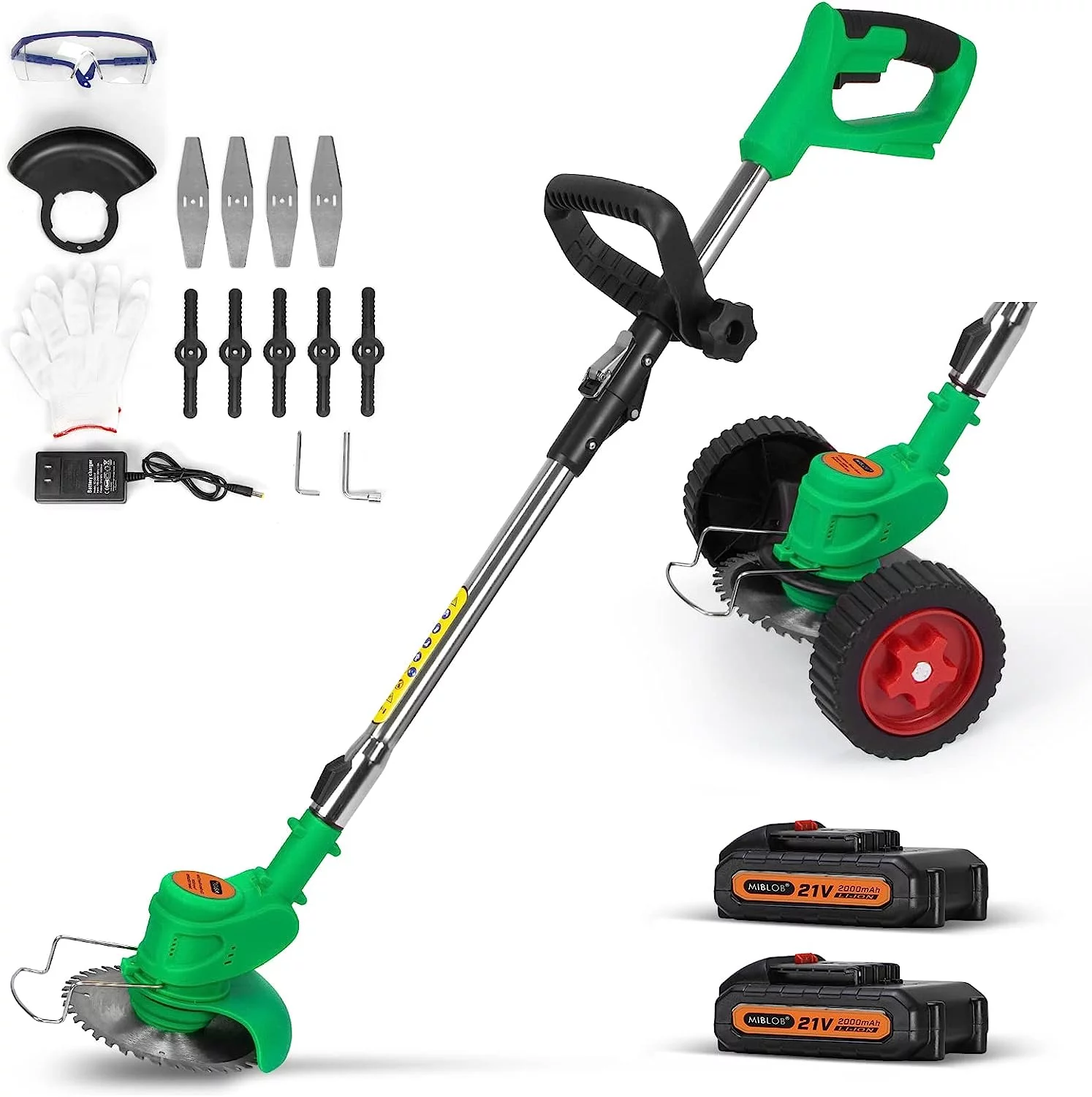 Cordless Weed Eater Grass Trimmer,3-in-1 Lightweight Push Lawn Mower & Edger Tool with 3 Types Blades,21V 2Ah Li-Ion Battery Powered for Garden and Yard (Green)
