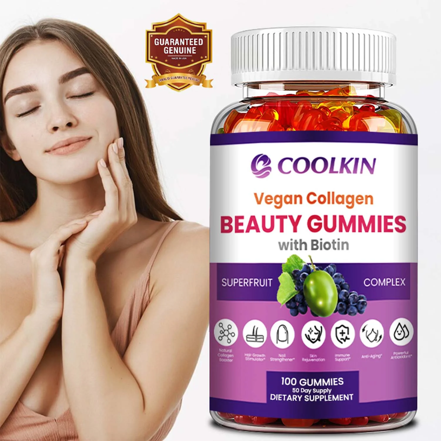Coolkin Vegan Collagen BEAUTY GUMMIES - with Biotin - Supports Hair, Skin, Nail Health(30/60/100pcs)