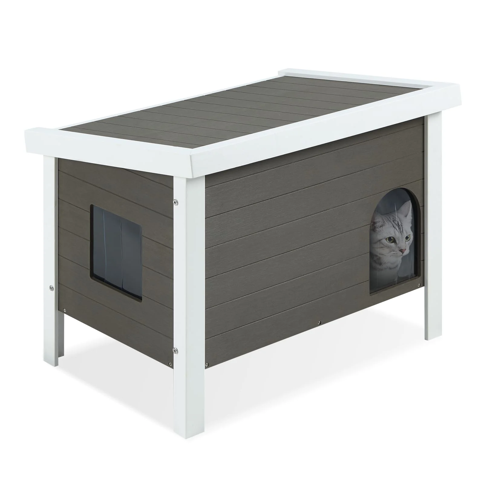 Efurden Insulated Outdoor Cat House with Escape Door, PS Material Weatherproof Cat House for Outdoor Cats, Elevated Feral Cat Shelter with Openable Roof, Gray