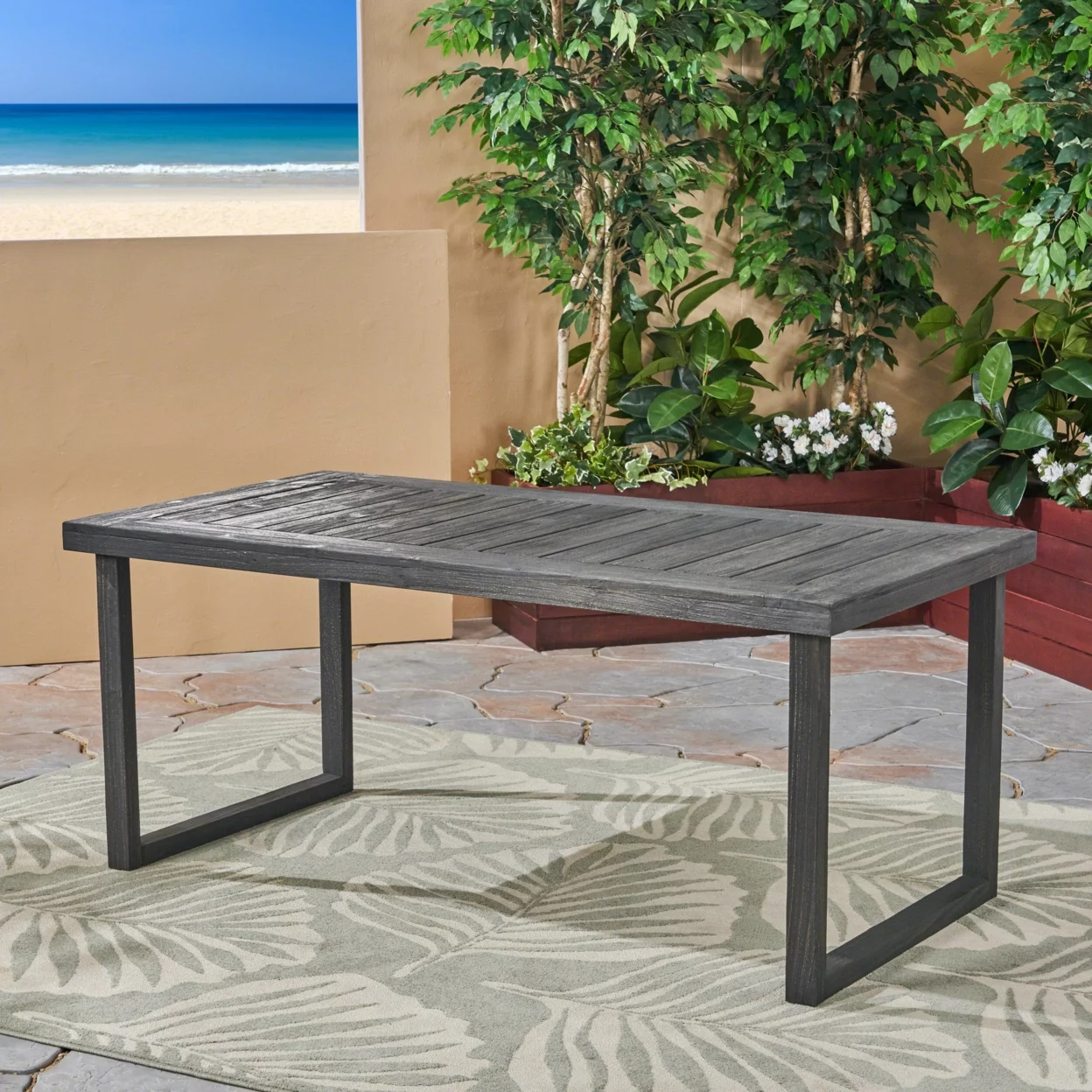 GDF Studio Kaniel Outdoor Acacia Wood Dining Table, Sandblasted Dark Gray