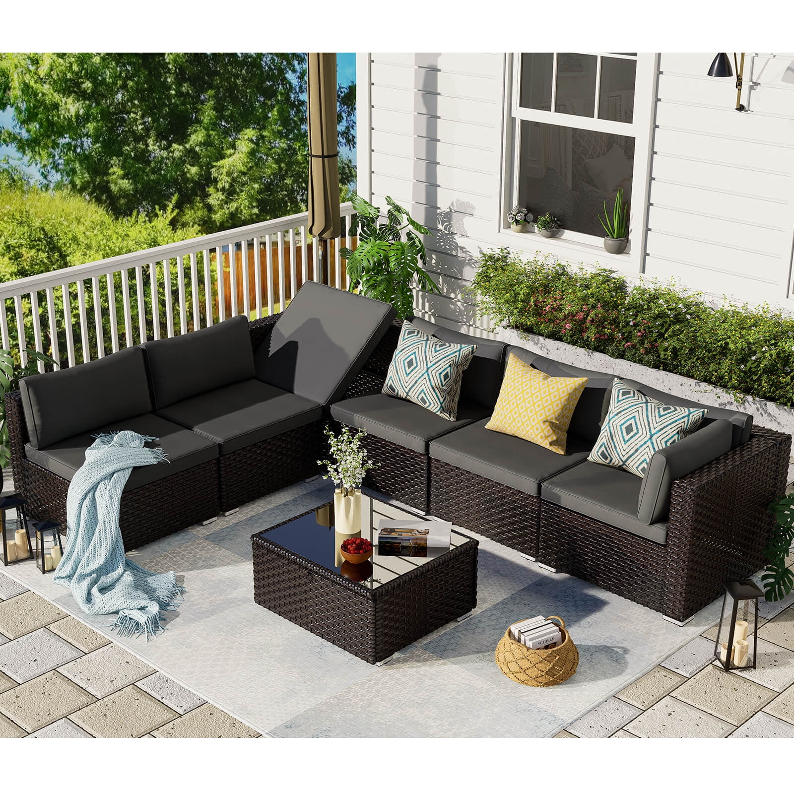 MEISSALIVVE 7 Pieces Patio Furniture Set, Modular Outdoor Sectional, Wicker Patio Sectional Sofa, Rattan Conversation Set with Storage Coffee Table&Adjustable Corner Sofa for Balcony- Gray Rattan