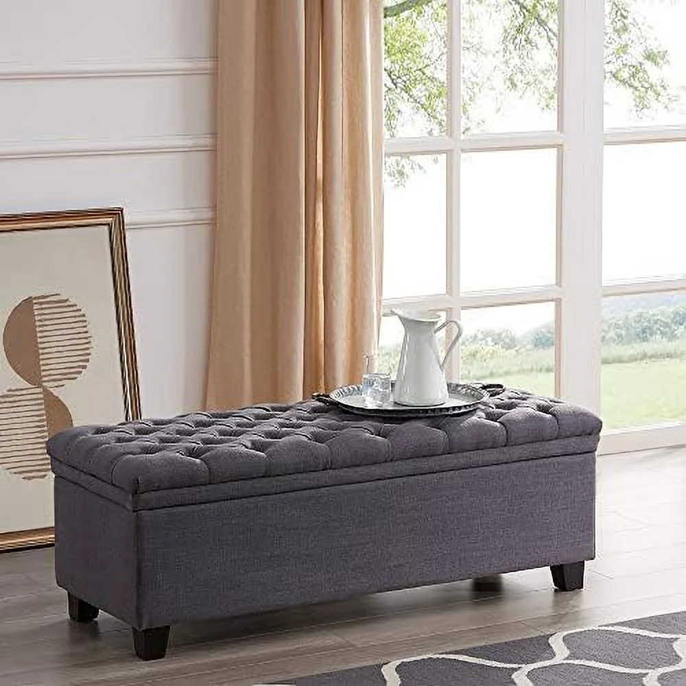 SQFGHB 47 Inch Mid Century Modern  Ottoman  Rectangular Lift Top Button Tufted Linen Bench Footstool for Living Room or Bedroom  - Tiara (Gray)