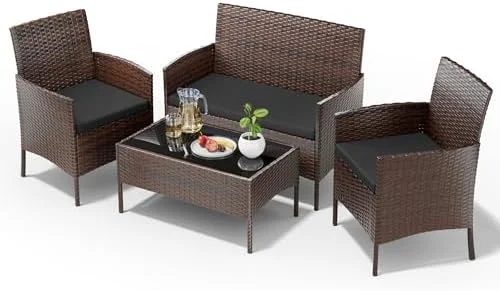 WTYNKAE Patio  4 Pieces Outdoor Rattan Chair Wicker Sofa Sectional Conversation  Porch  Loveseat w Cushions and Table for Backyard Balcony Pool Garden (Brown-Grey)