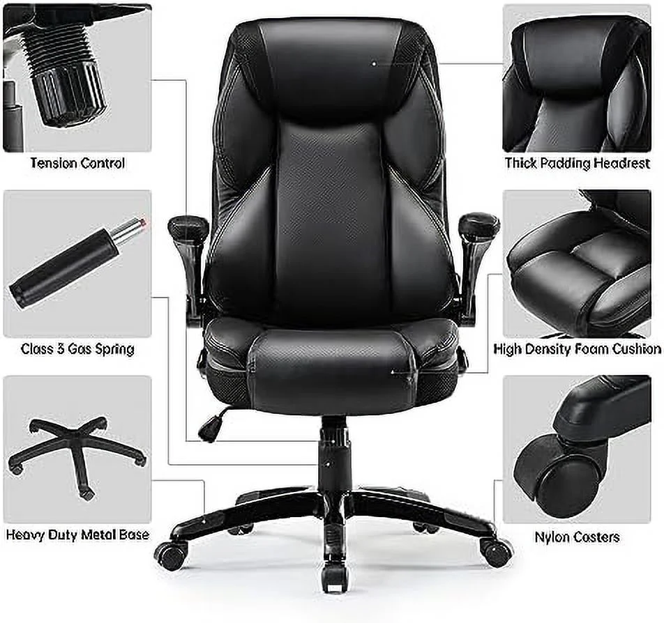 GEROBOOM ERGONOMIC Executive Office Chair Flip Up Arm   Leather Desk Chair Ergonomic Computer Chair  High Back Office Chair with Headrest  Home Office Desk Chairs with Wheels  Black
