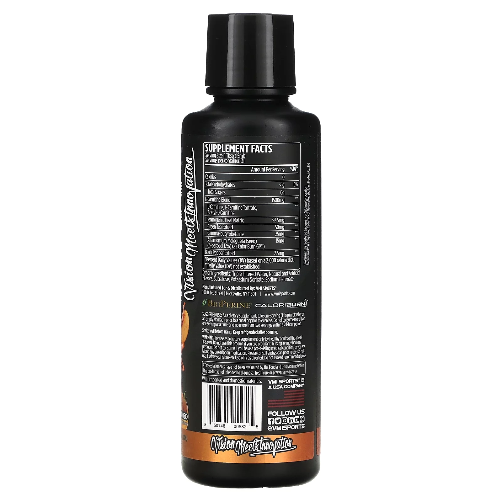 VMI Sports L-Carnitine 1500 Heat Stimulant Free Thermogenic Metabolic Support & Fat Loss for Men & Women | 1500mg L-Carnitine | Convenient Liquid (Peach Mango)