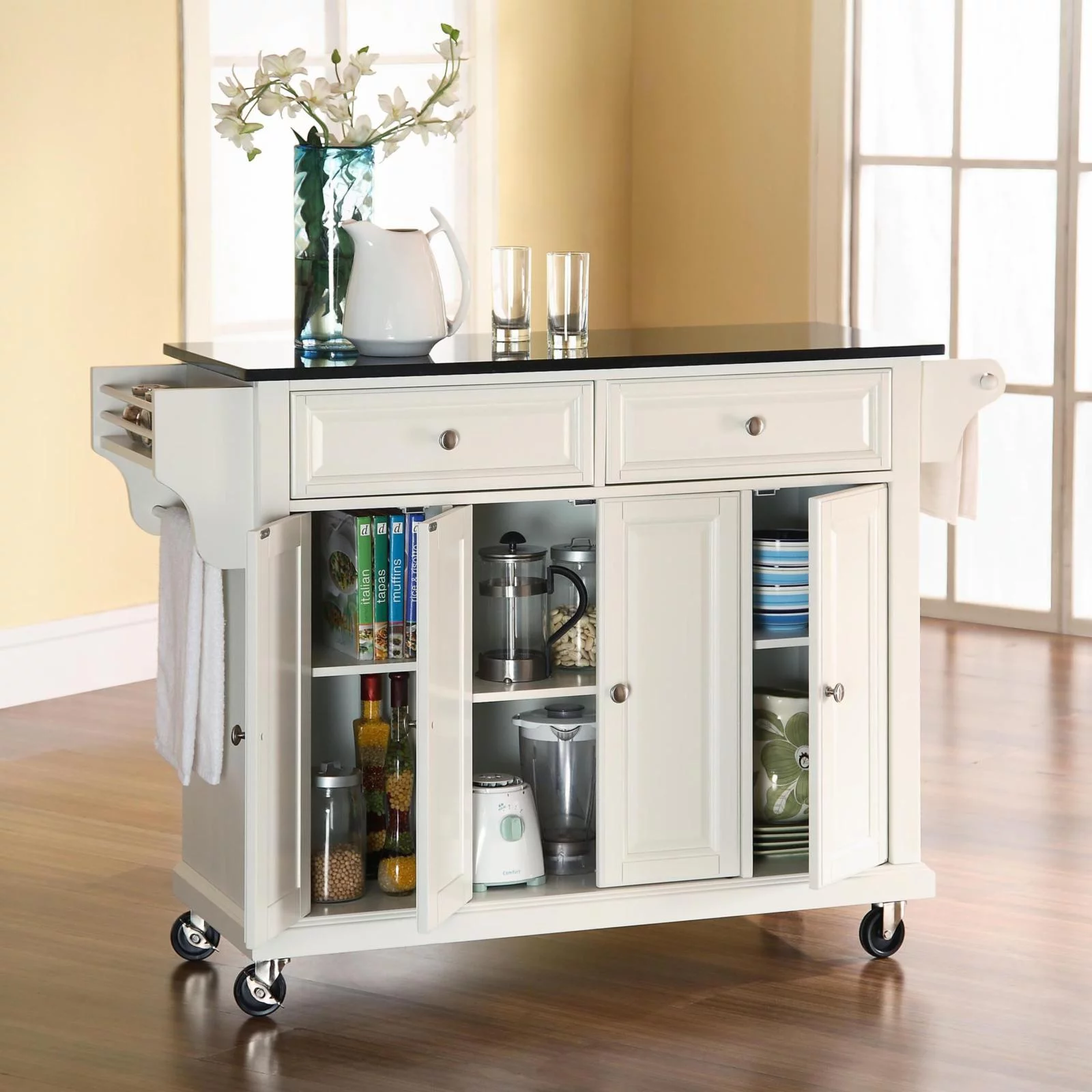 Crosley Furniture Wood/Solid Granite Kitchen Cart in White/Black