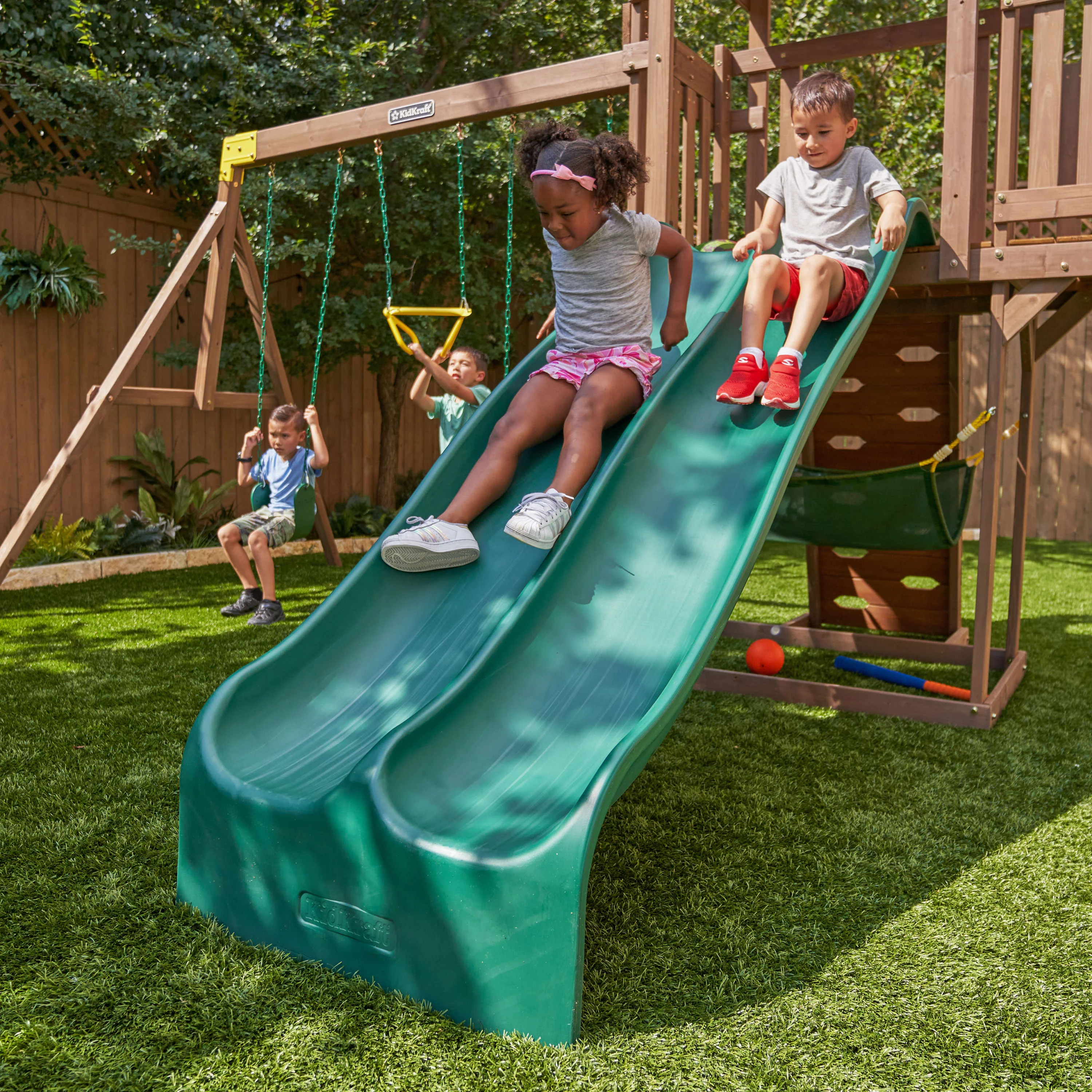 KidKraft Adventure Vista Wooden Outdoor Swing Set / Playset with Hammock, For Ages 3-10