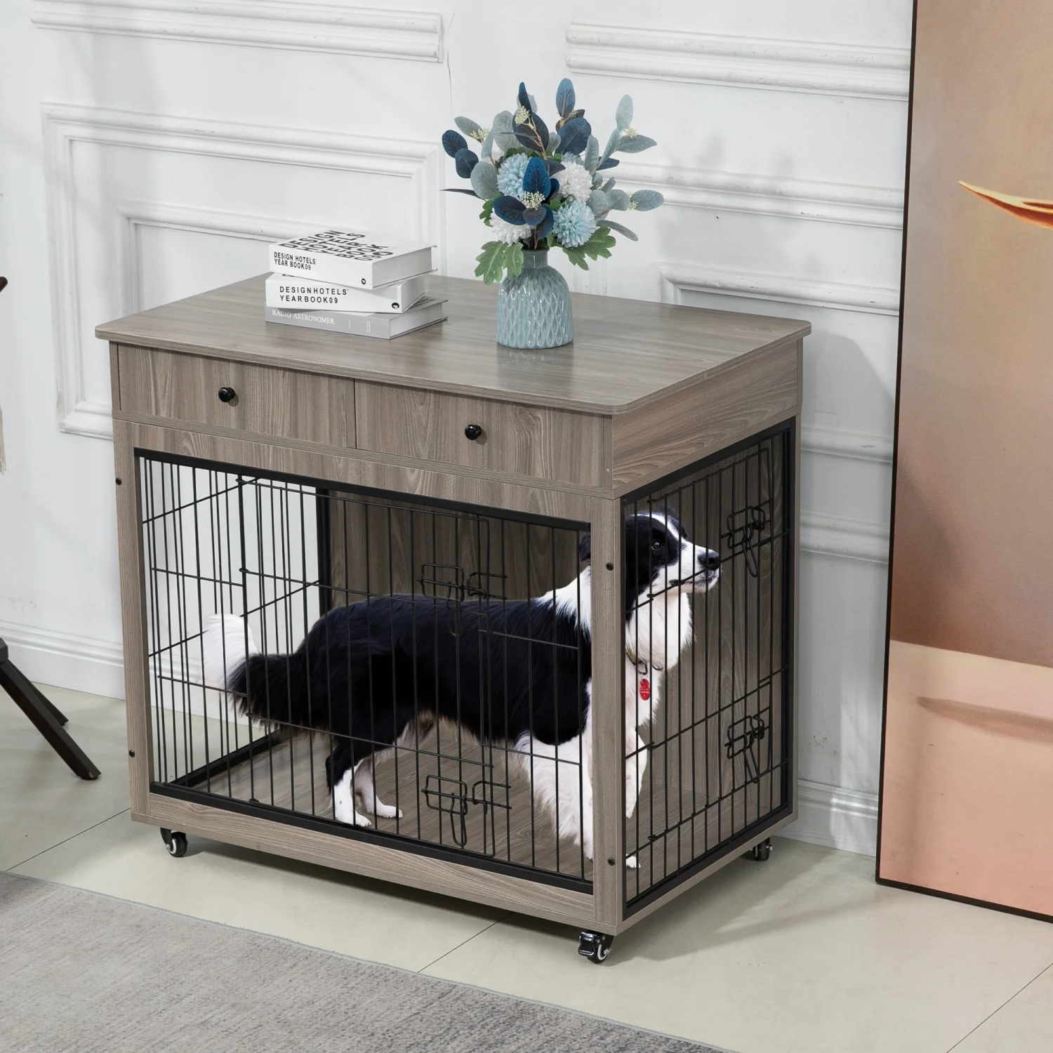 JHOOTUUO Dog Crate   Wooden Dog Crate End   38.4 Inch Dog Kennel with 2 Drawers   Heavy Duty Dog Crate  Decorative Pet Crate Dog Cage for Large Indoor Use (Grey) 38.4” L×23.2” W×35” H