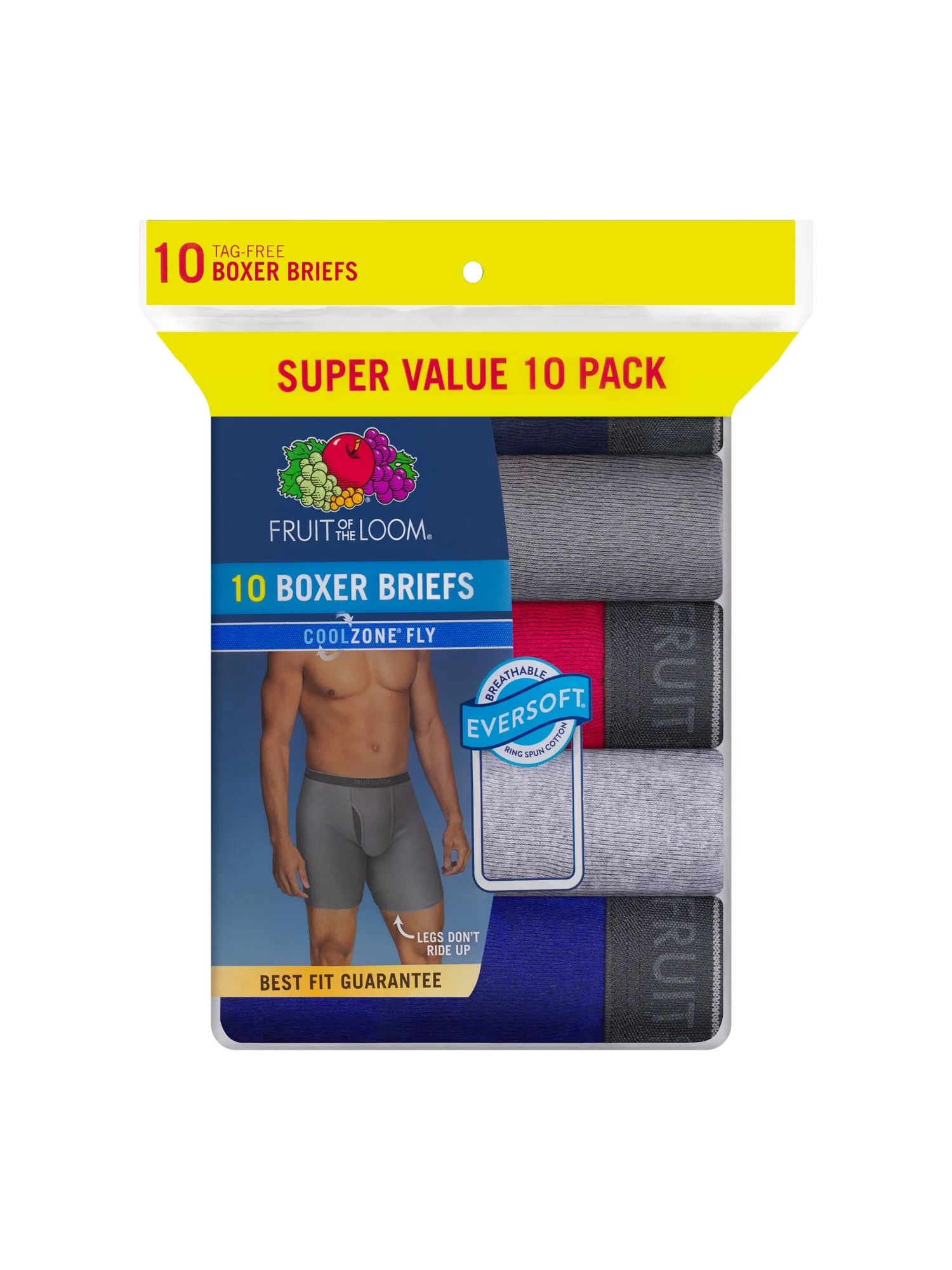 Fruit of the Loom Men's EverSoft CoolZone Fly Boxer Briefs, Super Value 10 Pack