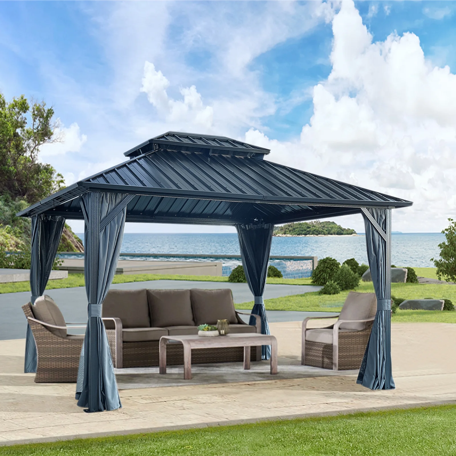 Hitop 10x12ft Gazebo Double Roof Canopy with Netting and Curtains, Outdoor Gazebo 2-Tier Hardtop Galvanized Iron Aluminum Frame Garden Tent for Patio, Backyard, Deck and Lawns