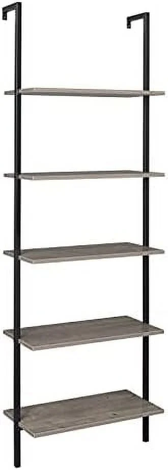 CHDEUSL 5-Tier Open Wall-Mounted Bookshelf with Metal Frame - Industrial Modern Ladder  - Floating Bookcase Organizer - Hanging  Rack Shelves for Home and Office -