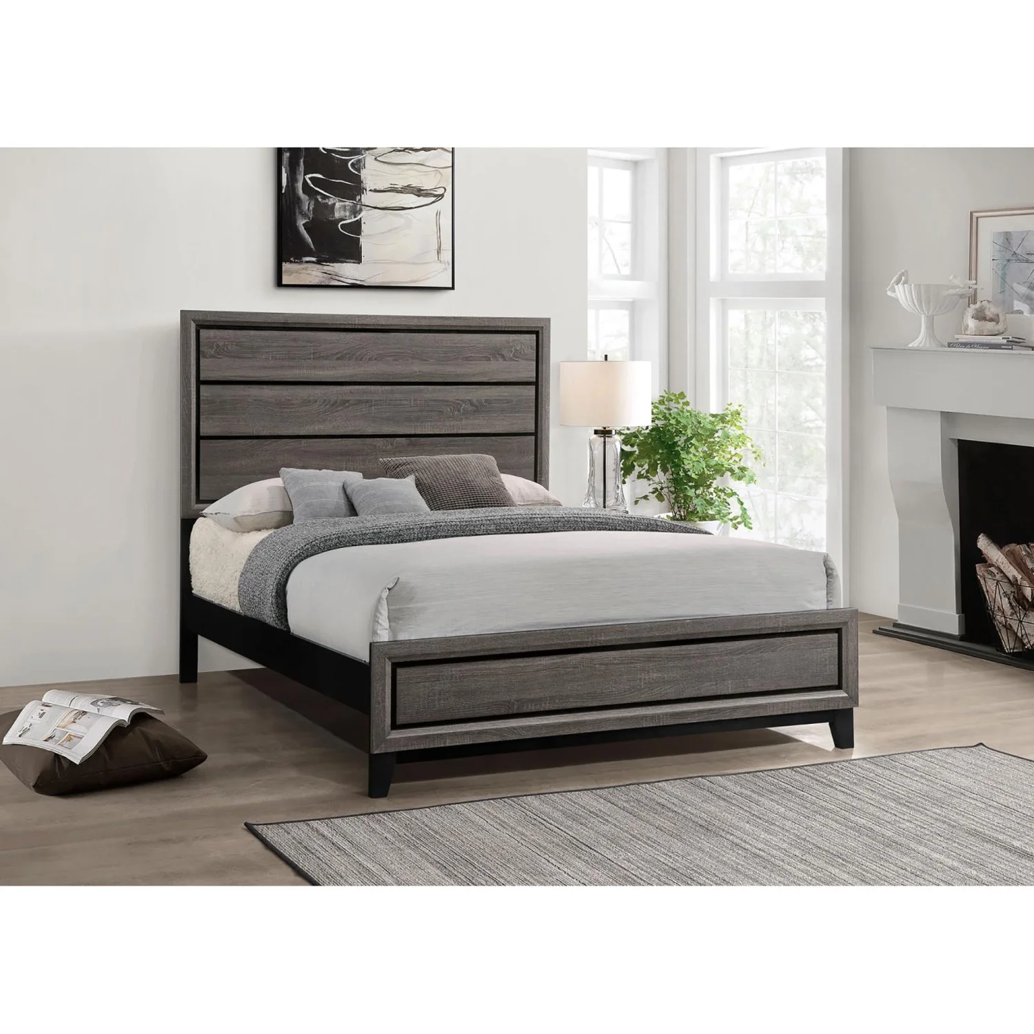 Cozy Rustic Grey Oak Queen Panel Bed for a Tranquil Bedroom Retreat with Timeless Style and Elegant Charm