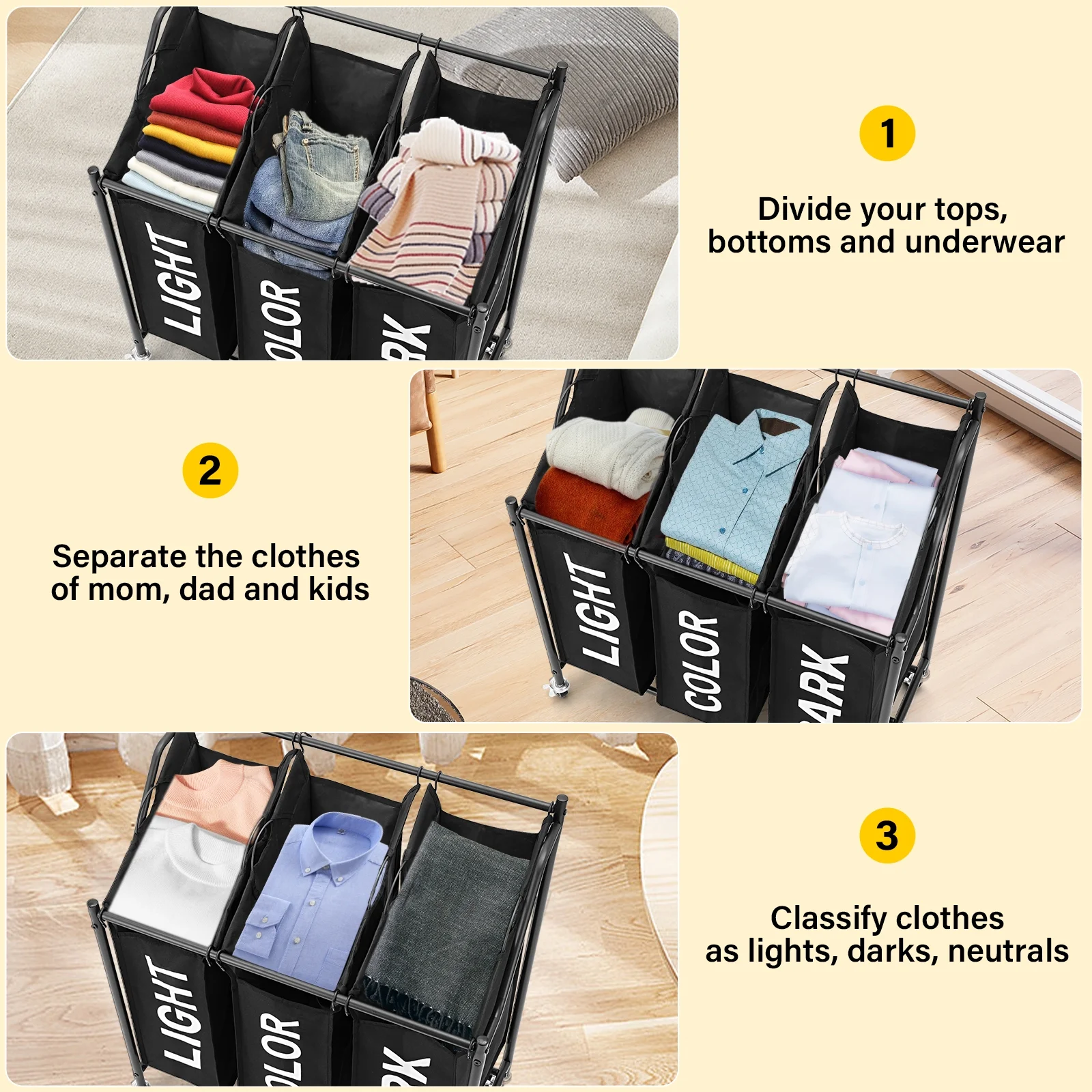 3 Bag Laundry Sorter Cart, 600D Laundry Hamper Sorter Basket with Heavy Duty Lockable Rolling Wheels, Large Laundry Hamper Bag Bin for Dirty Clothes