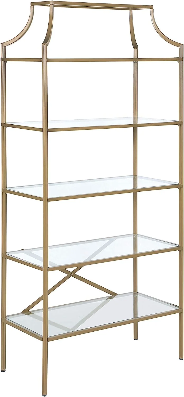 xrboomlife Art  5  Bookcase Etagere Metal Bookshelf Clear Tempered Glass Shelves Gold 804393