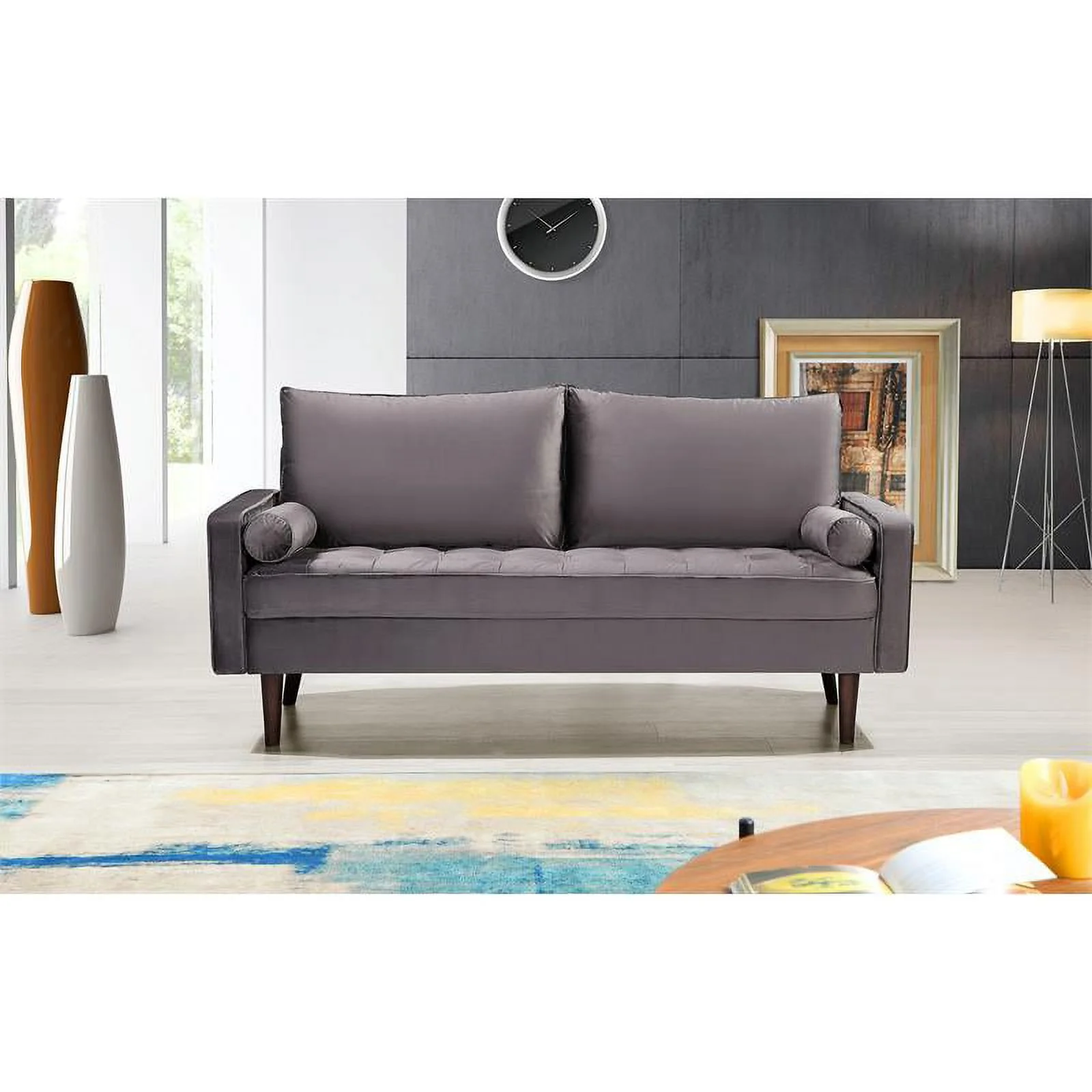 Home Square Genoa 3 Piece Set with Velvet Living Room Sofa & 2-Loveseat in Gray