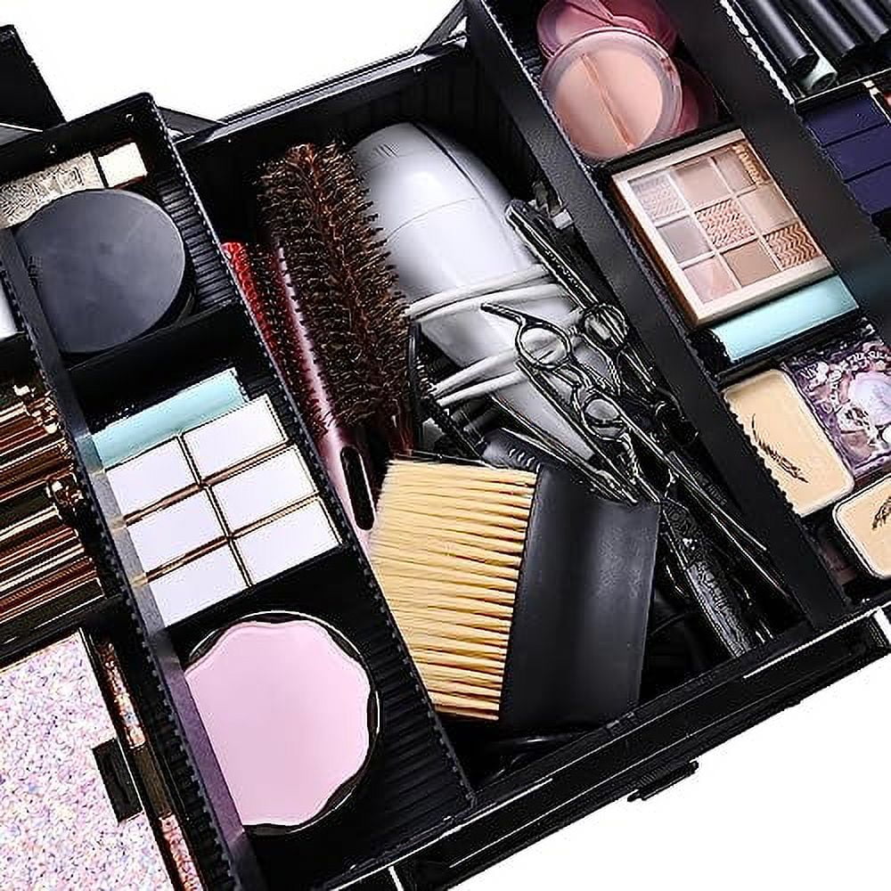 BYOOTIQUE 14 inch Makeup Train Case Pro Adjustable 4 Trays Cosmetic Case Storage Organizer Box with Lock Compartments Large Black